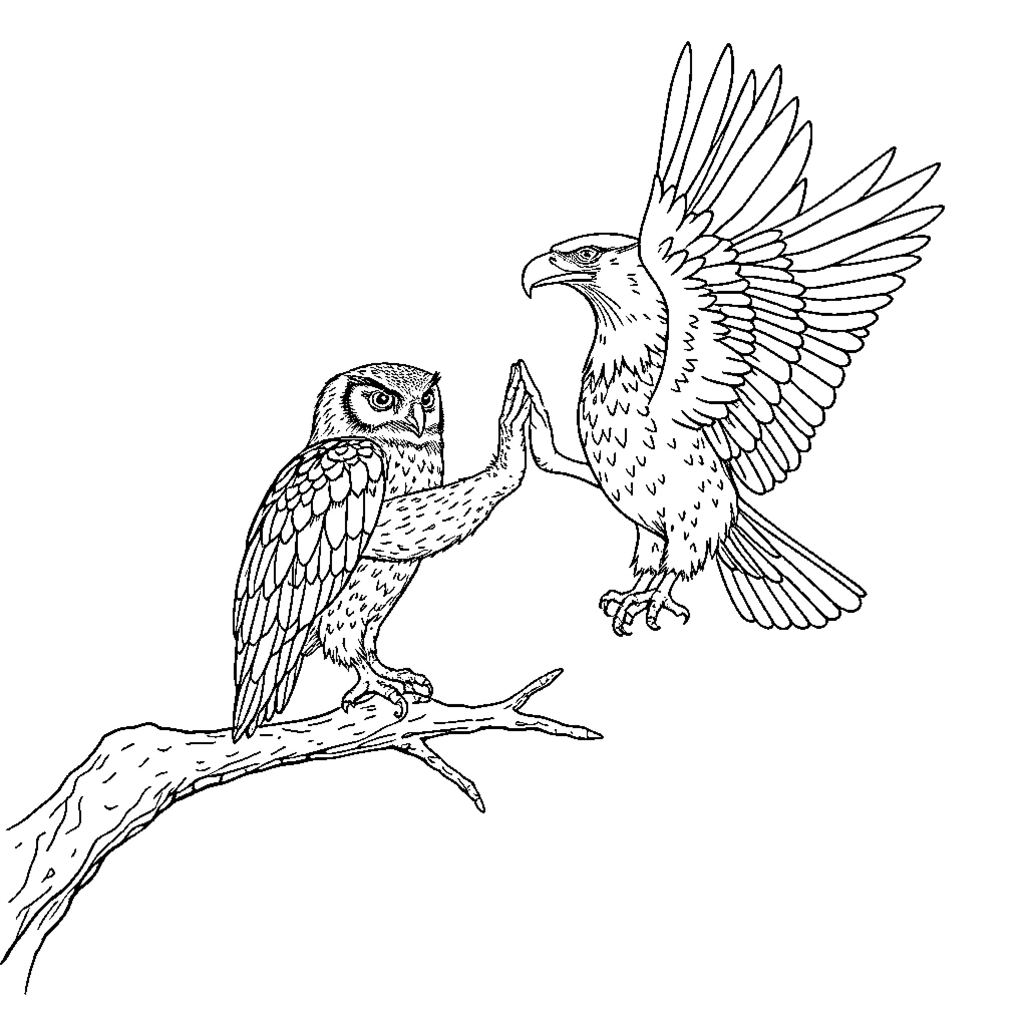 Owl companions perched together in flight Coloring Page (free black-and-white line drawing printable PDF for all, from beginners to advanced learners, including children, teens, adults, and seniors)