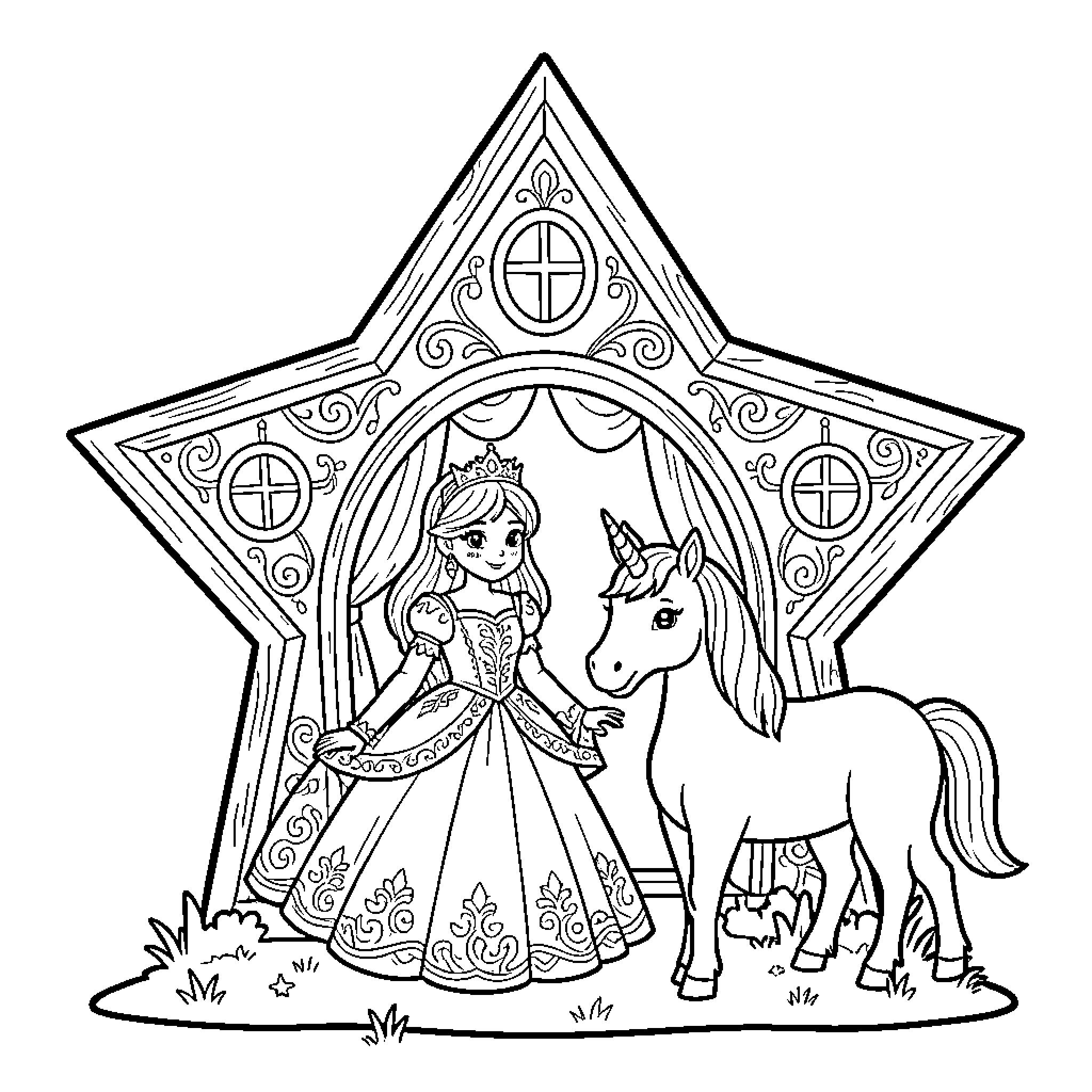 Princess standing gracefully beside a magical unicorn Coloring Page (free black-and-white line drawing printable PDF for all, from beginners to advanced learners, including children, teens, adults, and seniors)