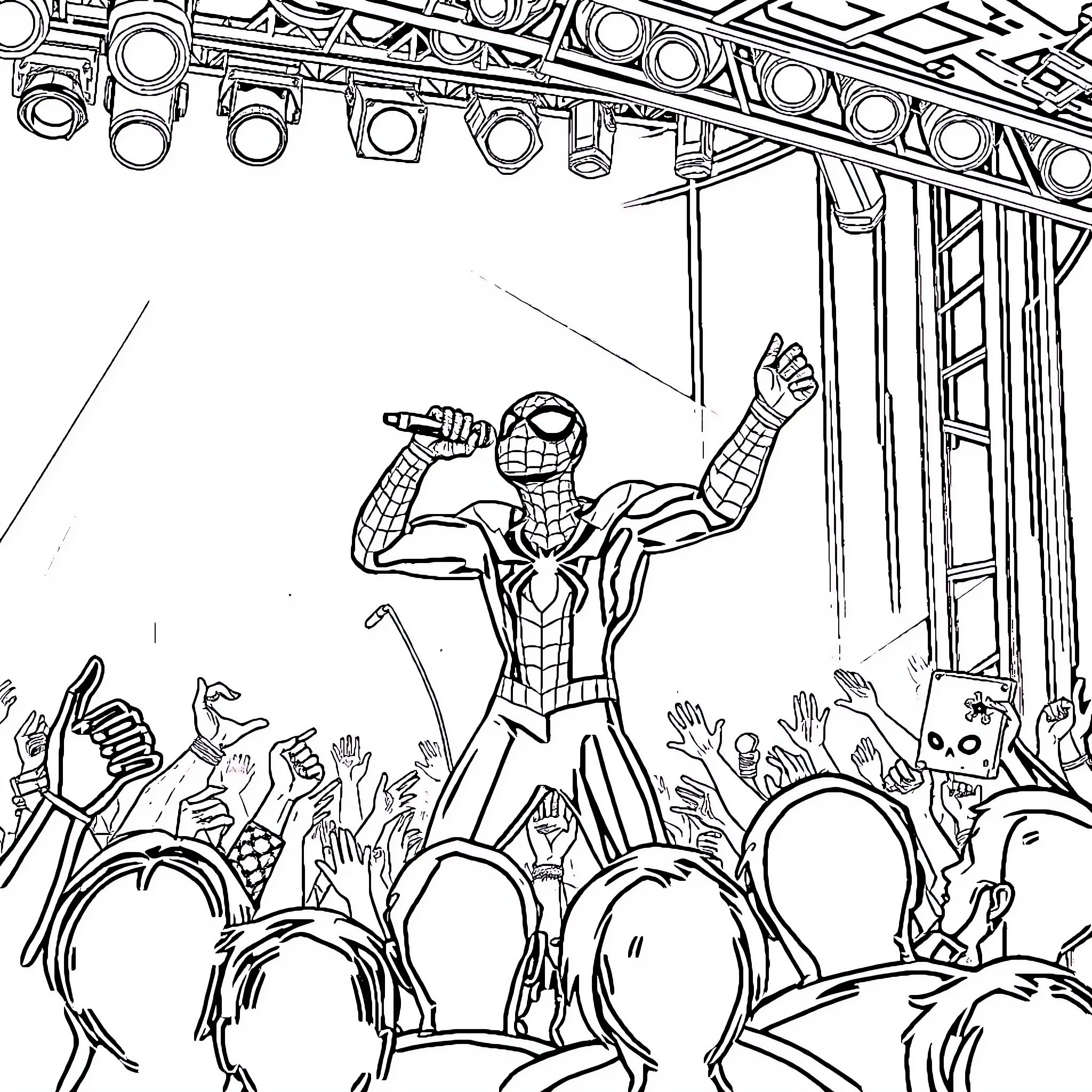 Spiderman entertaining the excited crowd on stage Coloring Page (free black-and-white line drawing printable PDF for all, from beginners to advanced learners, including children, teens, adults, and seniors)