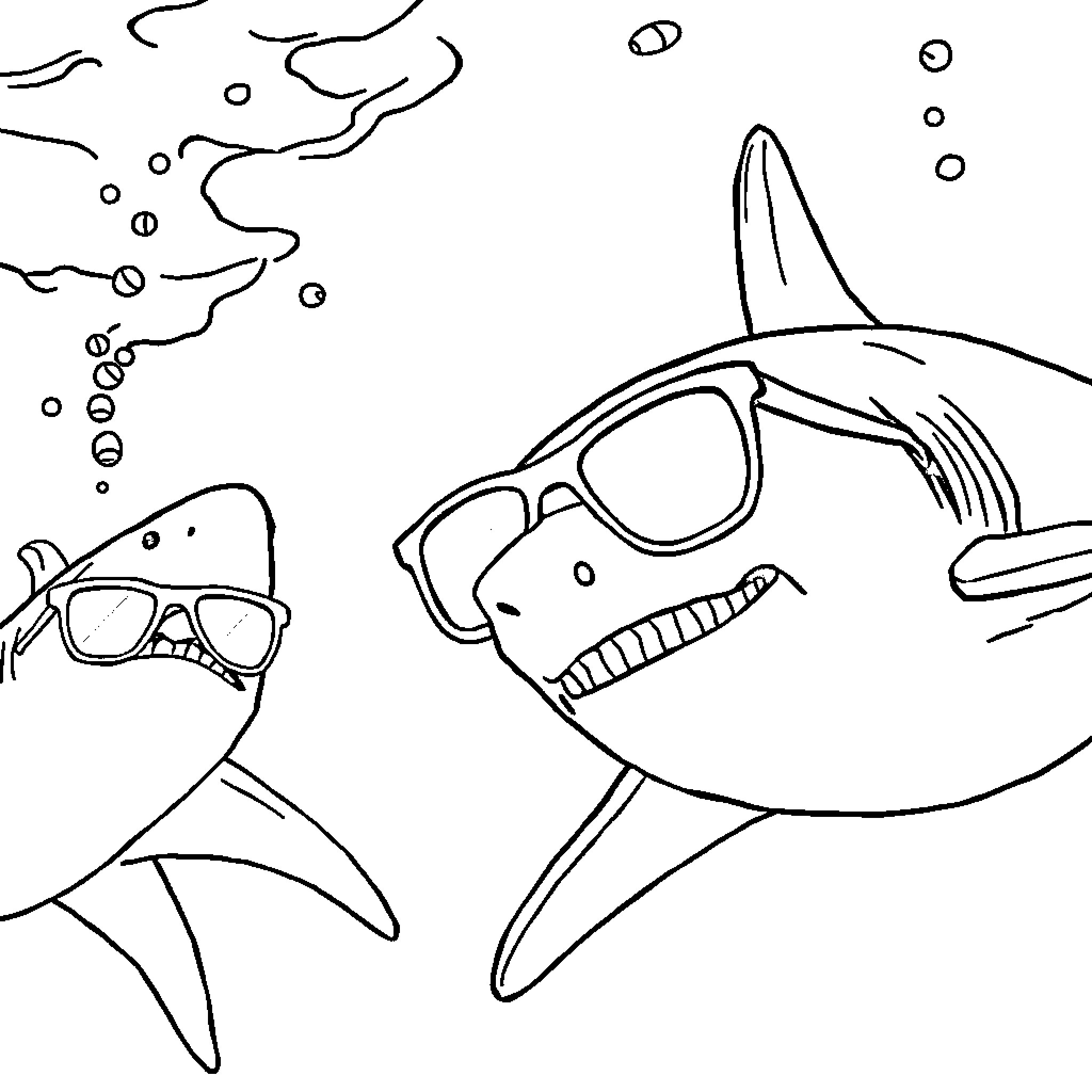 Shark friends wearing sunglasses enjoying underwater adventure Coloring Page (free black-and-white line drawing printable PDF for all, from beginners to advanced learners, including children, teens, adults, and seniors)