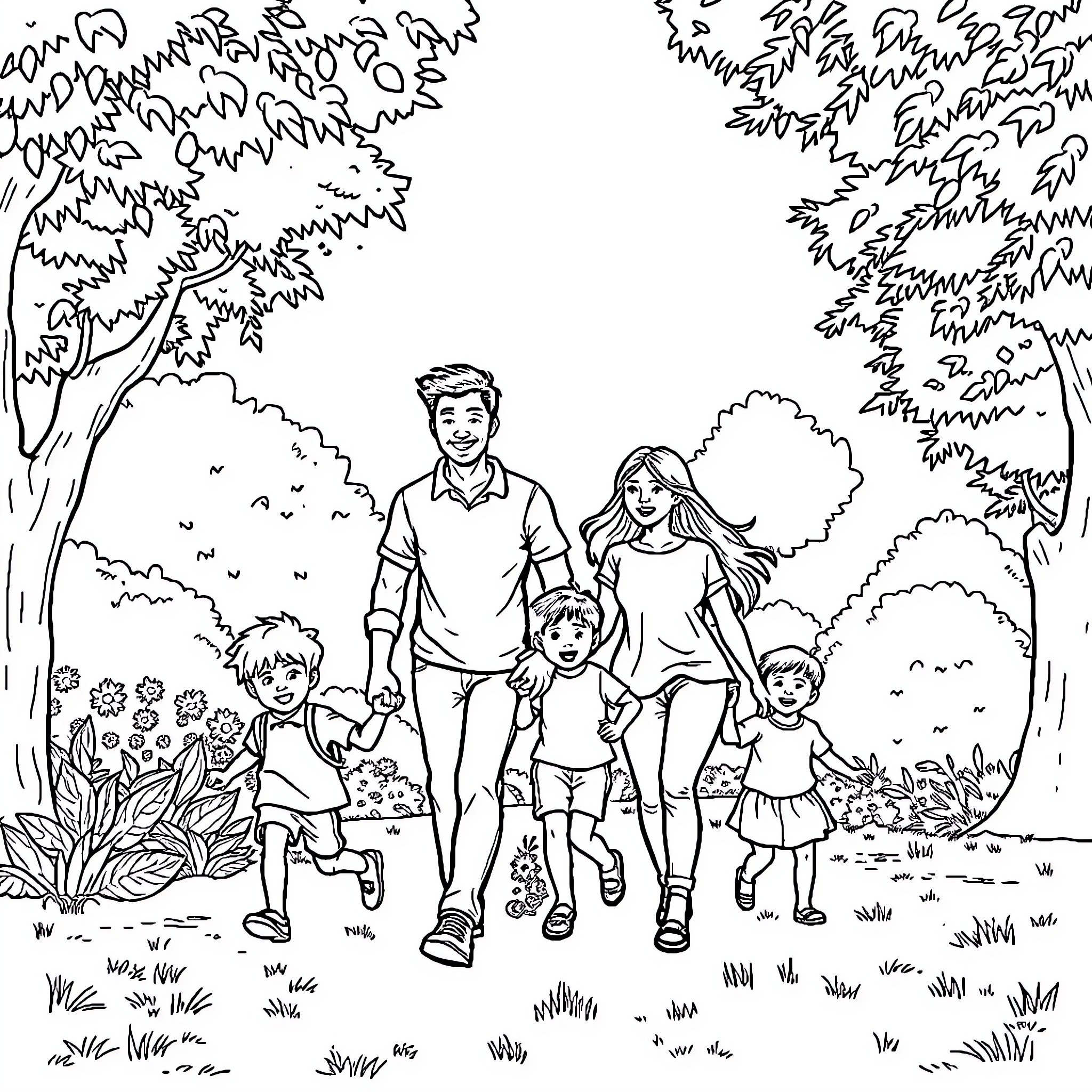Family taking a peaceful walk in the park Coloring Page (free black-and-white line drawing printable PDF for all, from beginners to advanced learners, including children, teens, adults, and seniors)