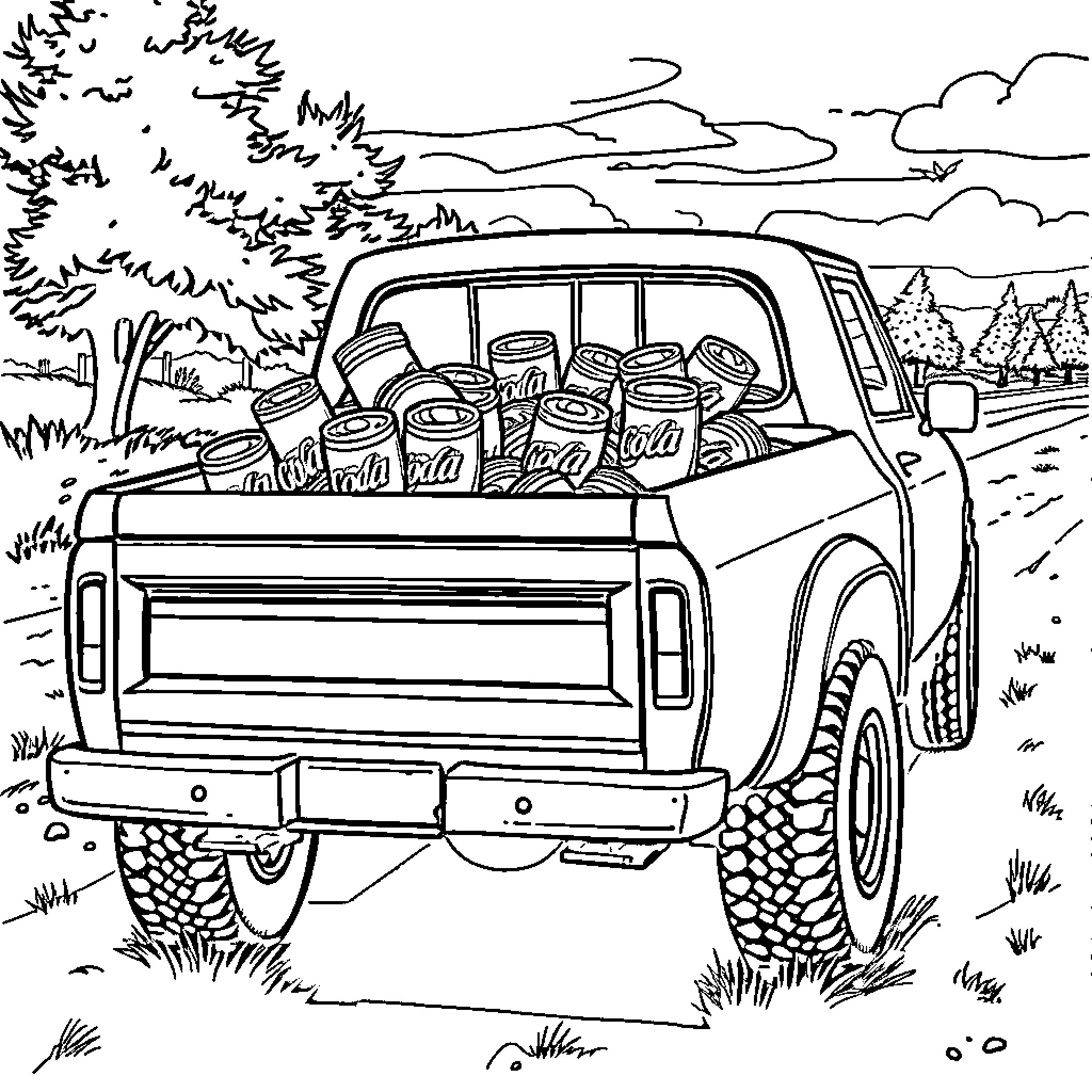 Pickup Truck Transporting Gear in the Countryside Coloring Page (free black-and-white line drawing printable PDF for all, from beginners to advanced learners, including children, teens, adults, and seniors)