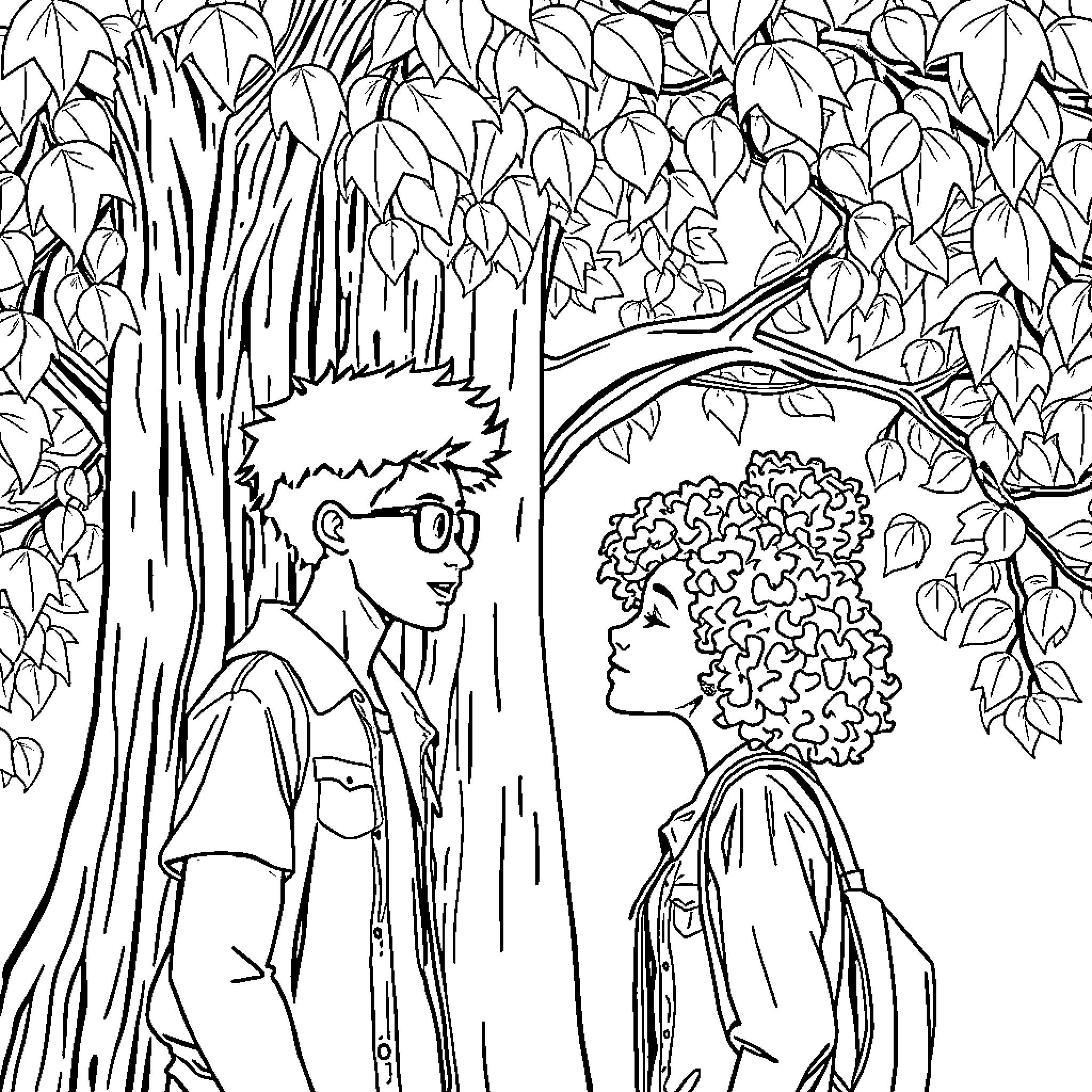 Teenager couple in a forest clearing Coloring Page (free black-and-white line drawing printable PDF for all, from beginners to advanced learners, including children, teens, adults, and seniors)