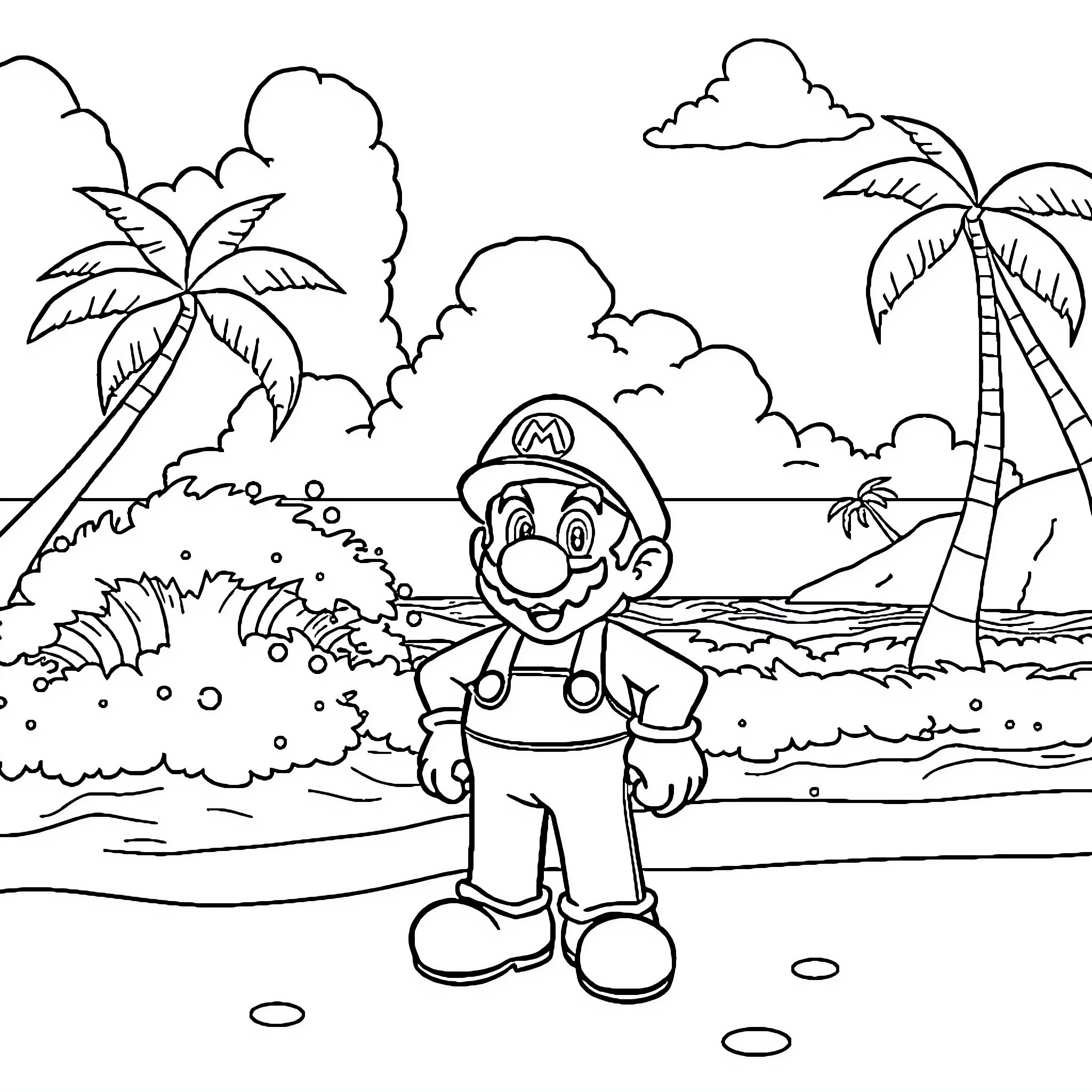Mario enjoying a tropical beach vacation Coloring Page (free black-and-white line drawing printable PDF for all, from beginners to advanced learners, including children, teens, adults, and seniors)