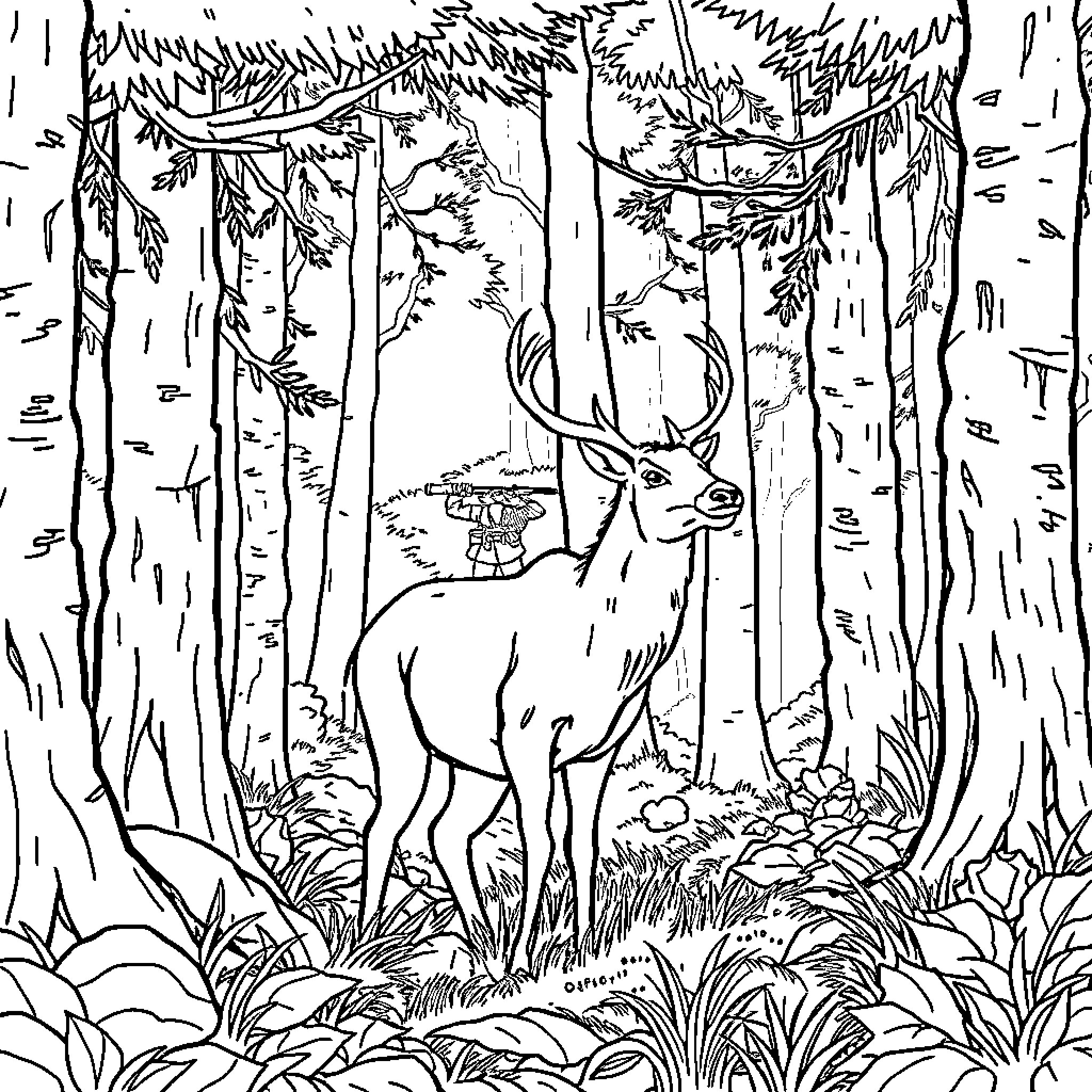 Hombre en el bosque con ciervo Coloring Page (free black-and-white line drawing printable PDF for all, from beginners to advanced learners, including children, teens, adults, and seniors)
