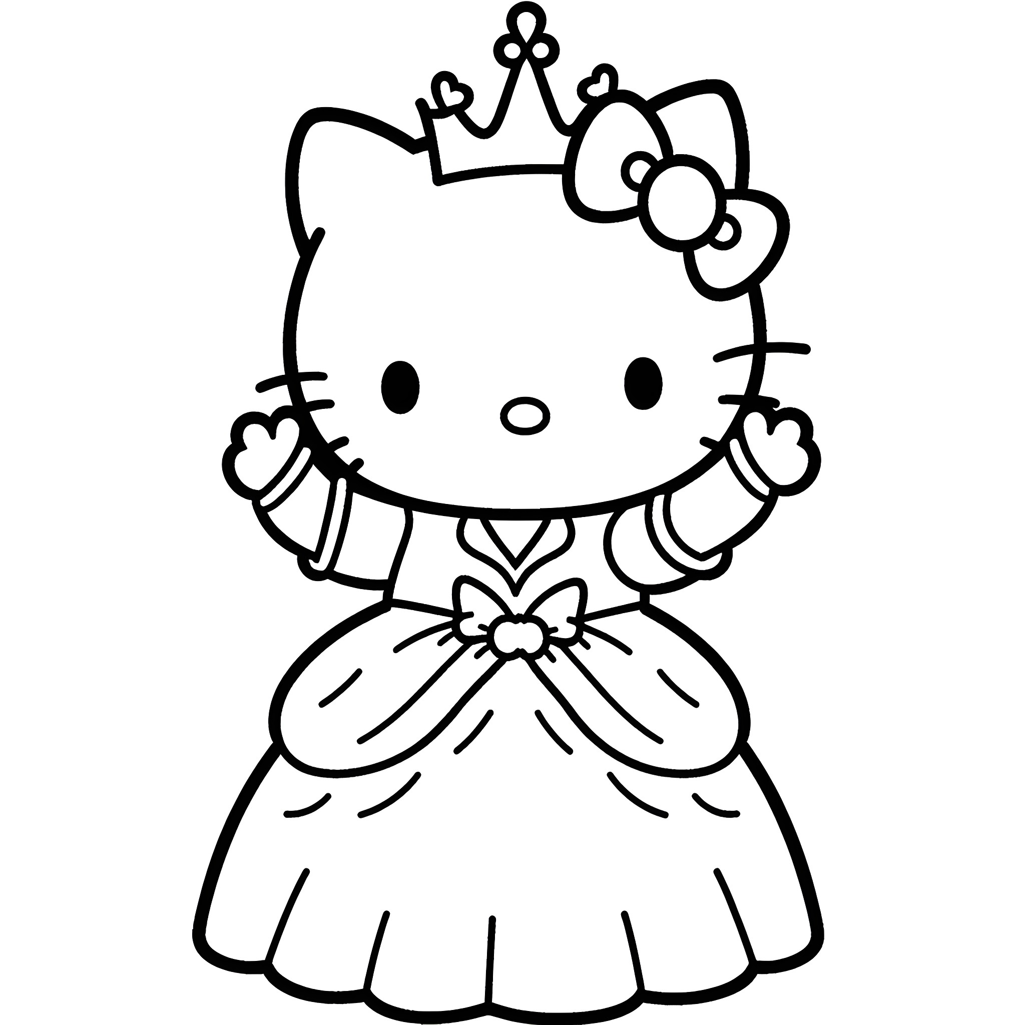 Hello Kitty dressed as a princess Coloring Page (free black-and-white line drawing printable PDF for all, from beginners to advanced learners, including children, teens, adults, and seniors)