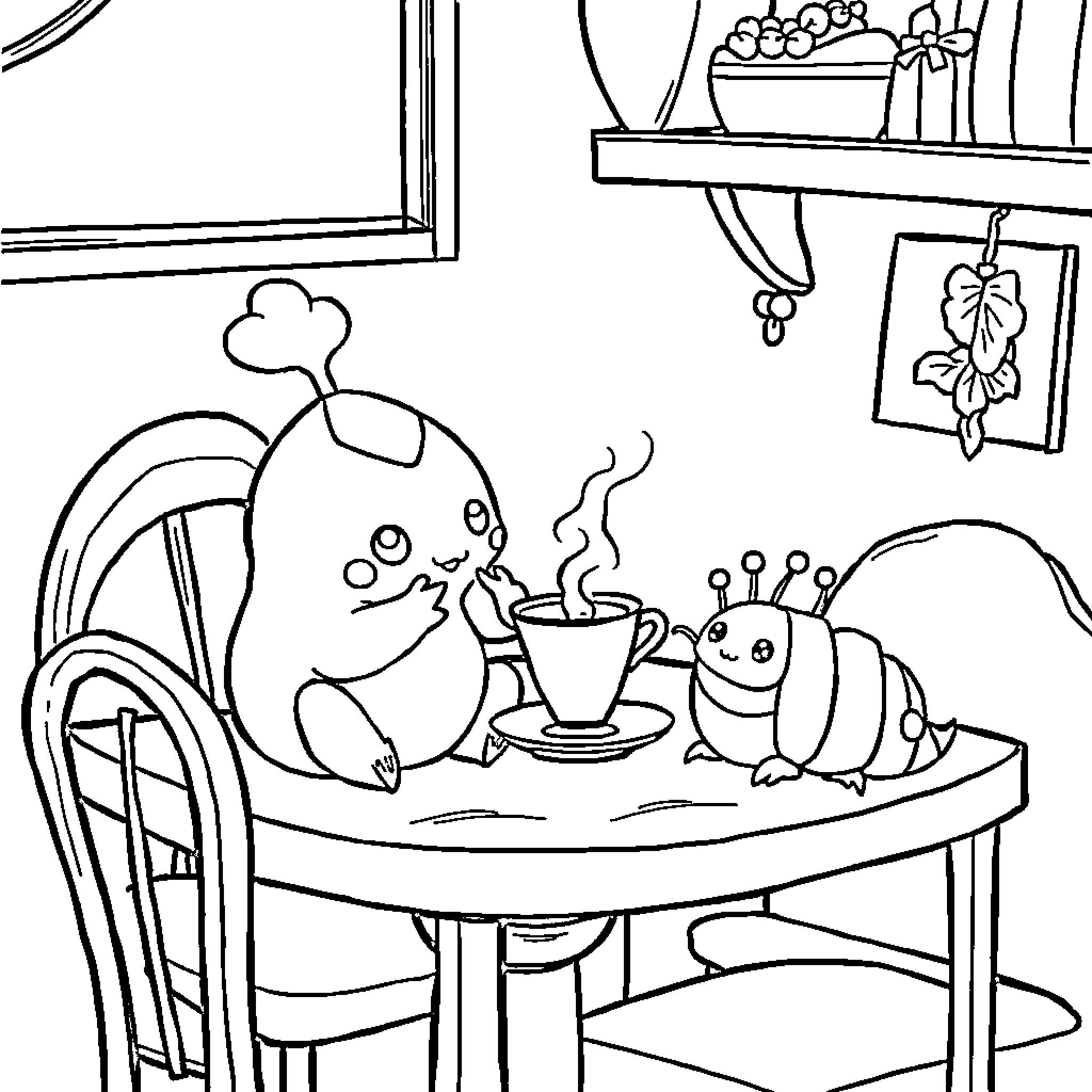 Spoink characters enjoying a cozy tea time Coloring Page (free black-and-white line drawing printable PDF for all, from beginners to advanced learners, including children, teens, adults, and seniors)