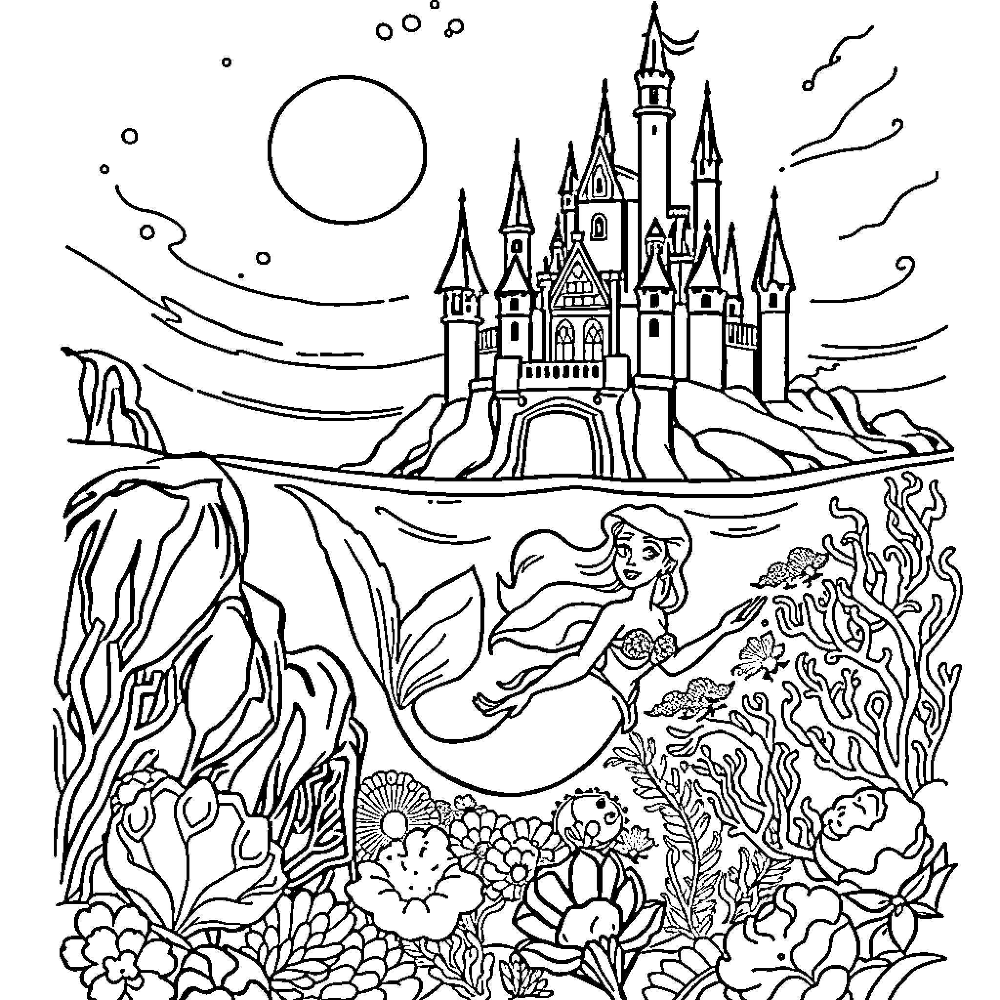 Mermaid exploring an underwater castle by the sea Coloring Page (free black-and-white line drawing printable PDF for all, from beginners to advanced learners, including children, teens, adults, and seniors)