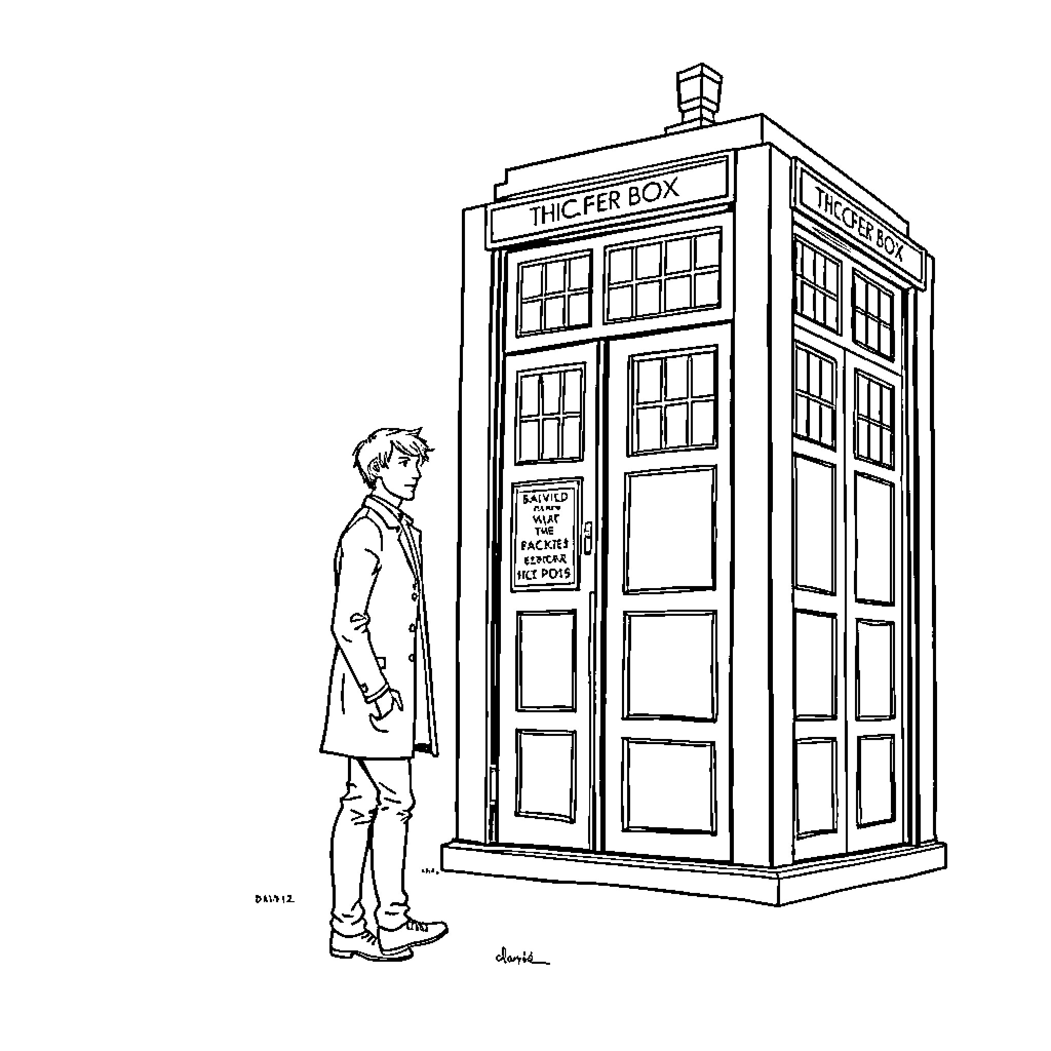 Doctor Standing Next to Police Box Coloring Page (free black-and-white line drawing printable PDF for all, from beginners to advanced learners, including children, teens, adults, and seniors)