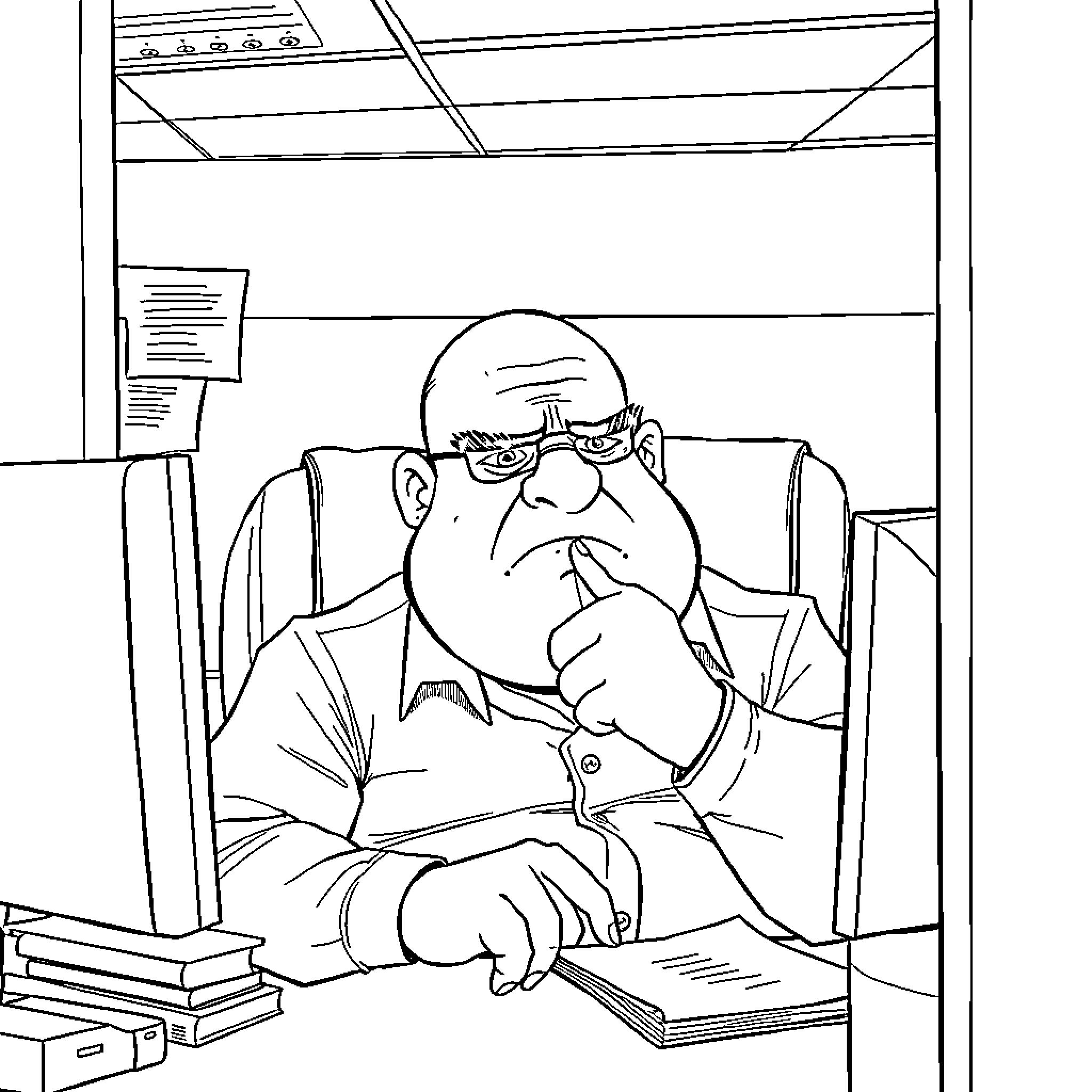 Office Worker Engrossed in Work at Desk Coloring Page (free black-and-white line drawing printable PDF for all, from beginners to advanced learners, including children, teens, adults, and seniors)