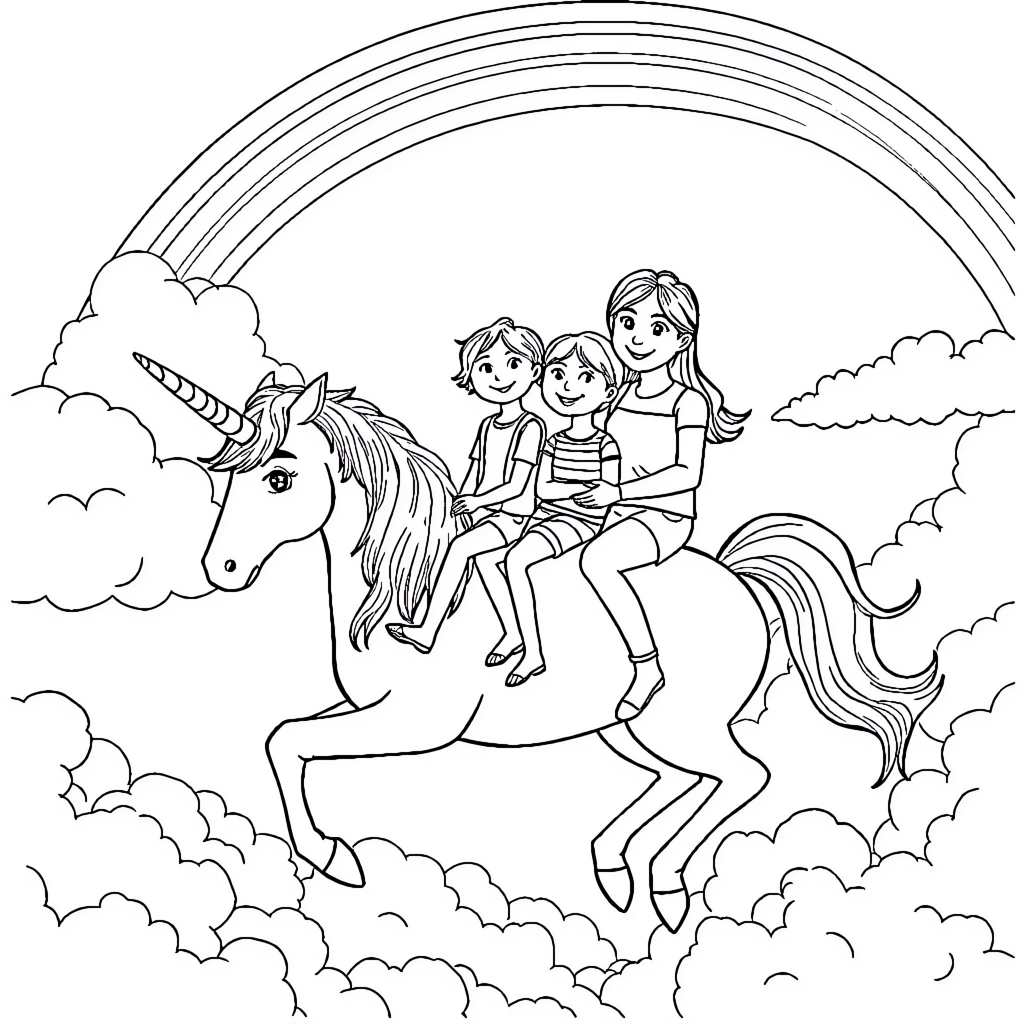 Unicorn Family Riding Across Cloudy Sky Coloring Page (free black-and-white line drawing printable PDF for all, from beginners to advanced learners, including children, teens, adults, and seniors)