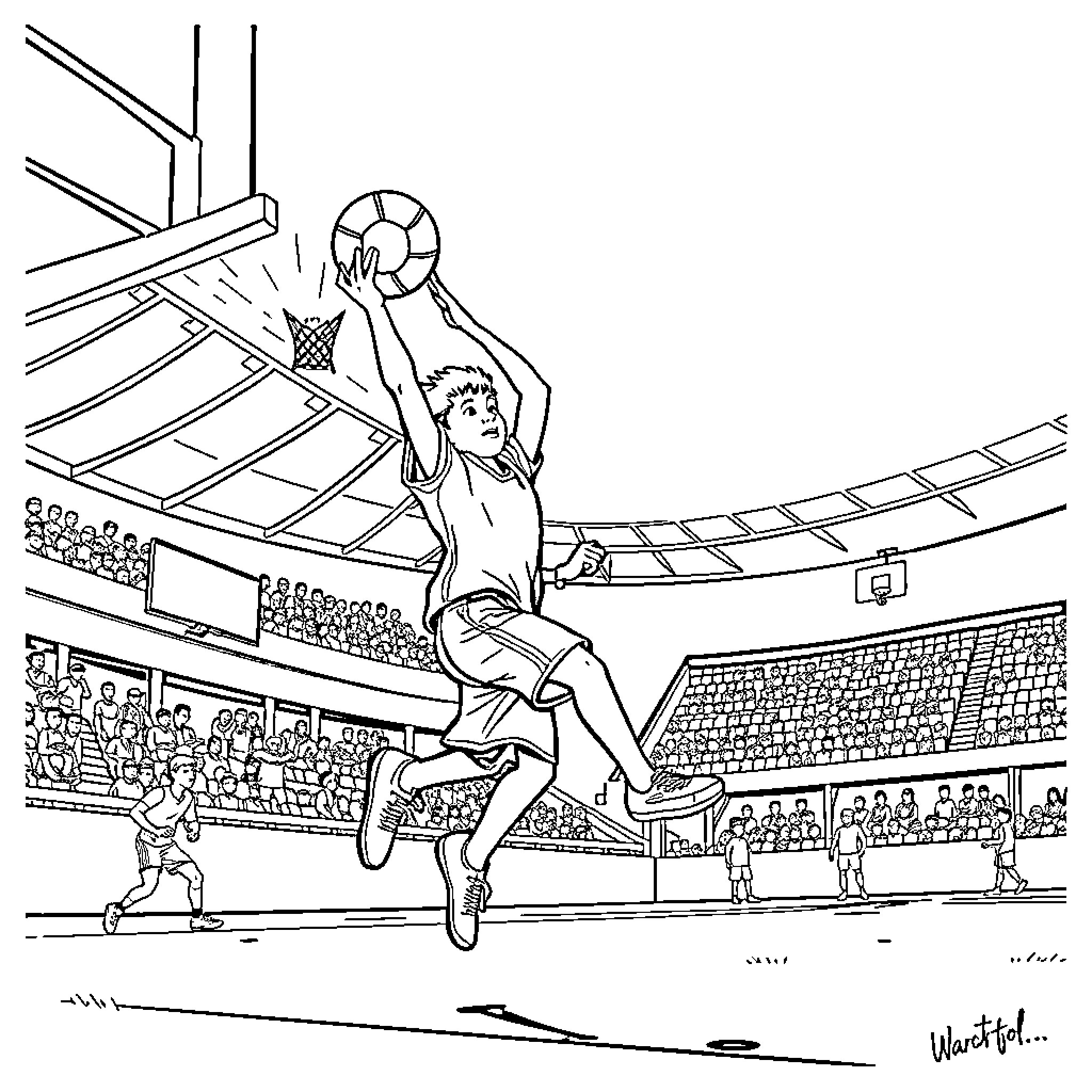 Niño playing basketball with energy and skill Coloring Page (free black-and-white line drawing printable PDF for all, from beginners to advanced learners, including children, teens, adults, and seniors)