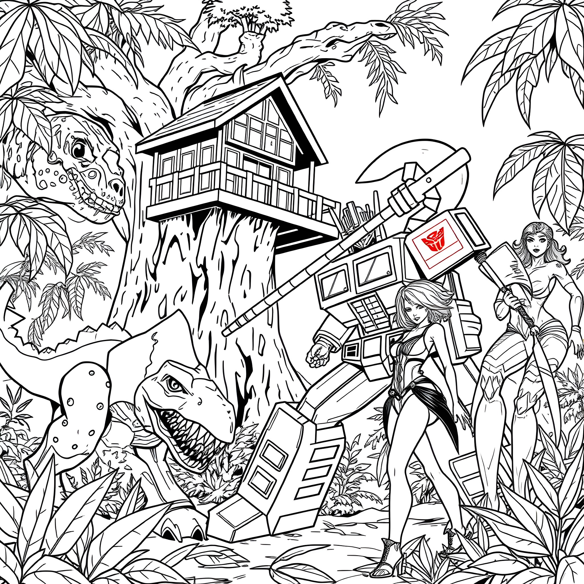 Optimus Prime battling Decepticons in a tropical jungle environment Coloring Page (free black-and-white line drawing printable PDF for all, from beginners to advanced learners, including children, teens, adults, and seniors)