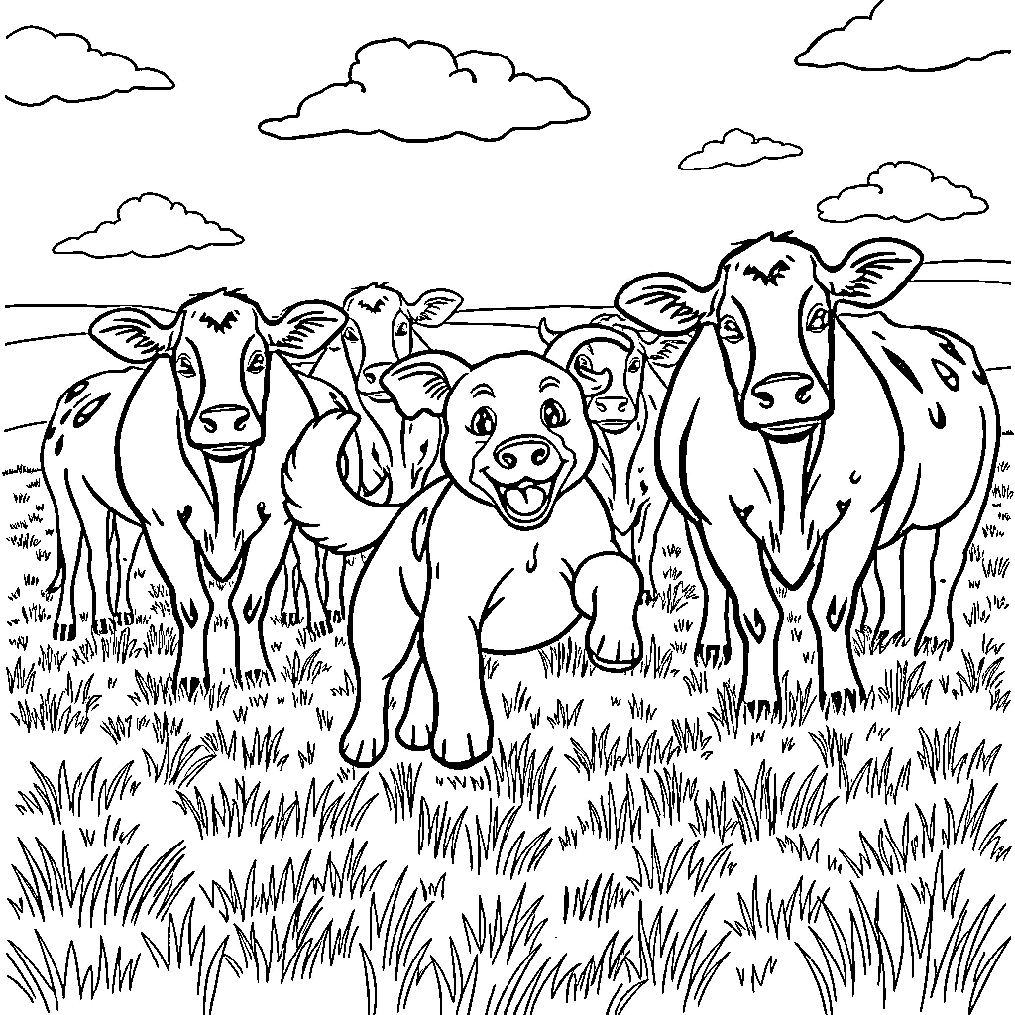 Dog and cows grazing in a grassy field Coloring Page (free black-and-white line drawing printable PDF for all, from beginners to advanced learners, including children, teens, adults, and seniors)