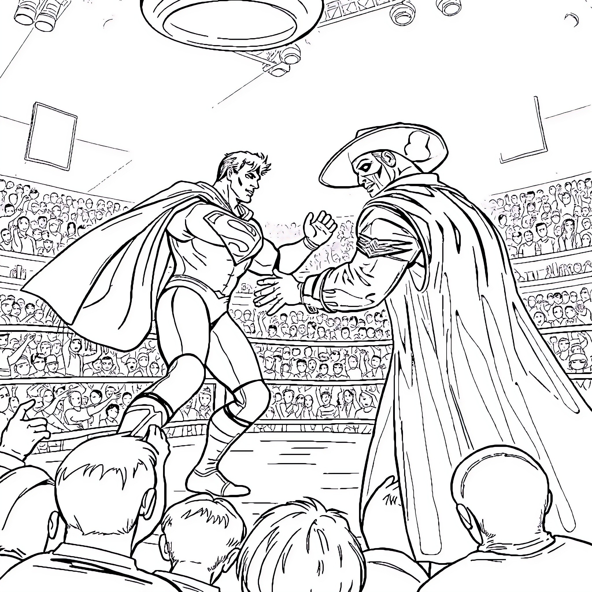 Superman fighting a villainous character in a crowded arena Coloring Page (free black-and-white line drawing printable PDF for all, from beginners to advanced learners, including children, teens, adults, and seniors)
