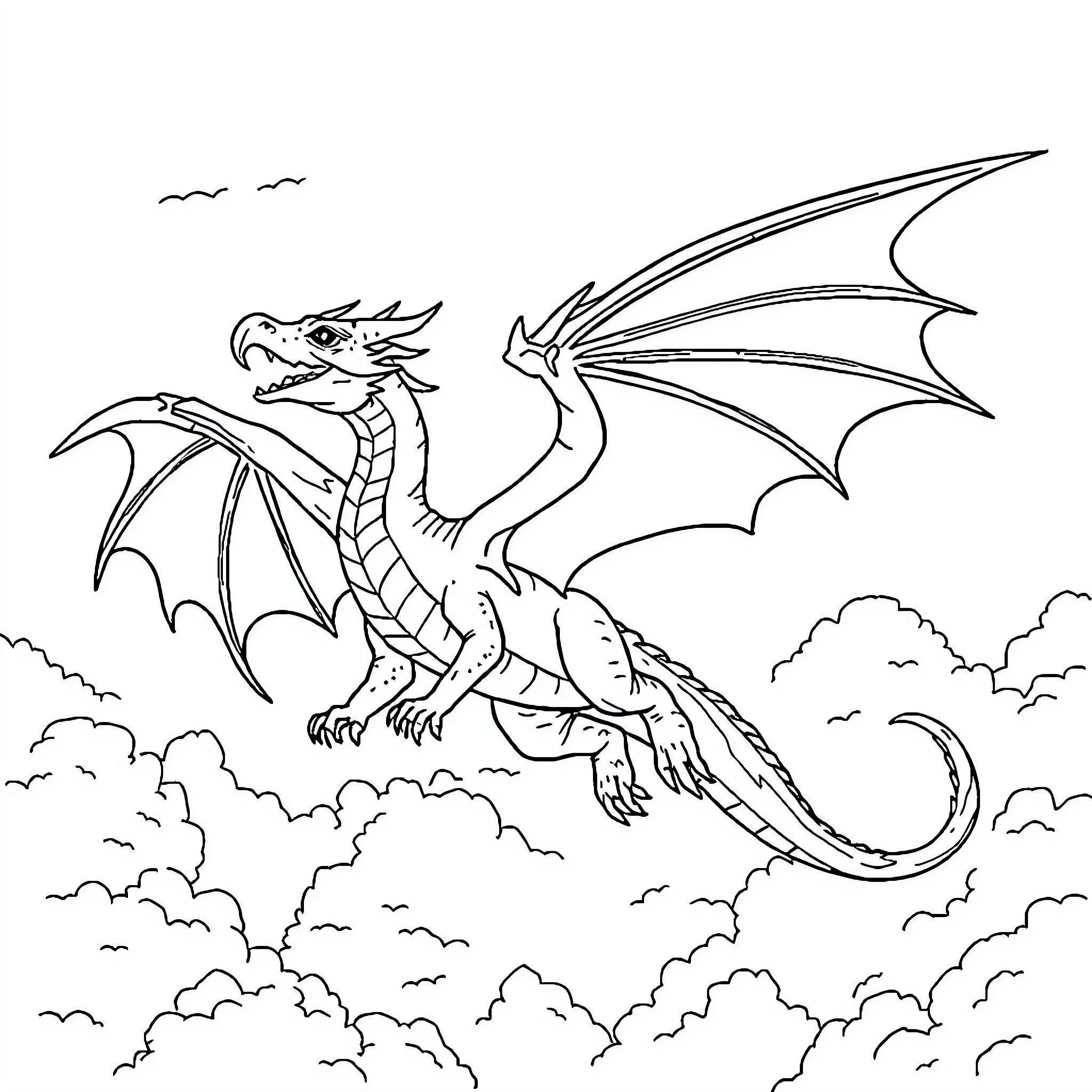 Dragon soaring through the clouds Coloring Page (free black-and-white line drawing printable PDF for all, from beginners to advanced learners, including children, teens, adults, and seniors)