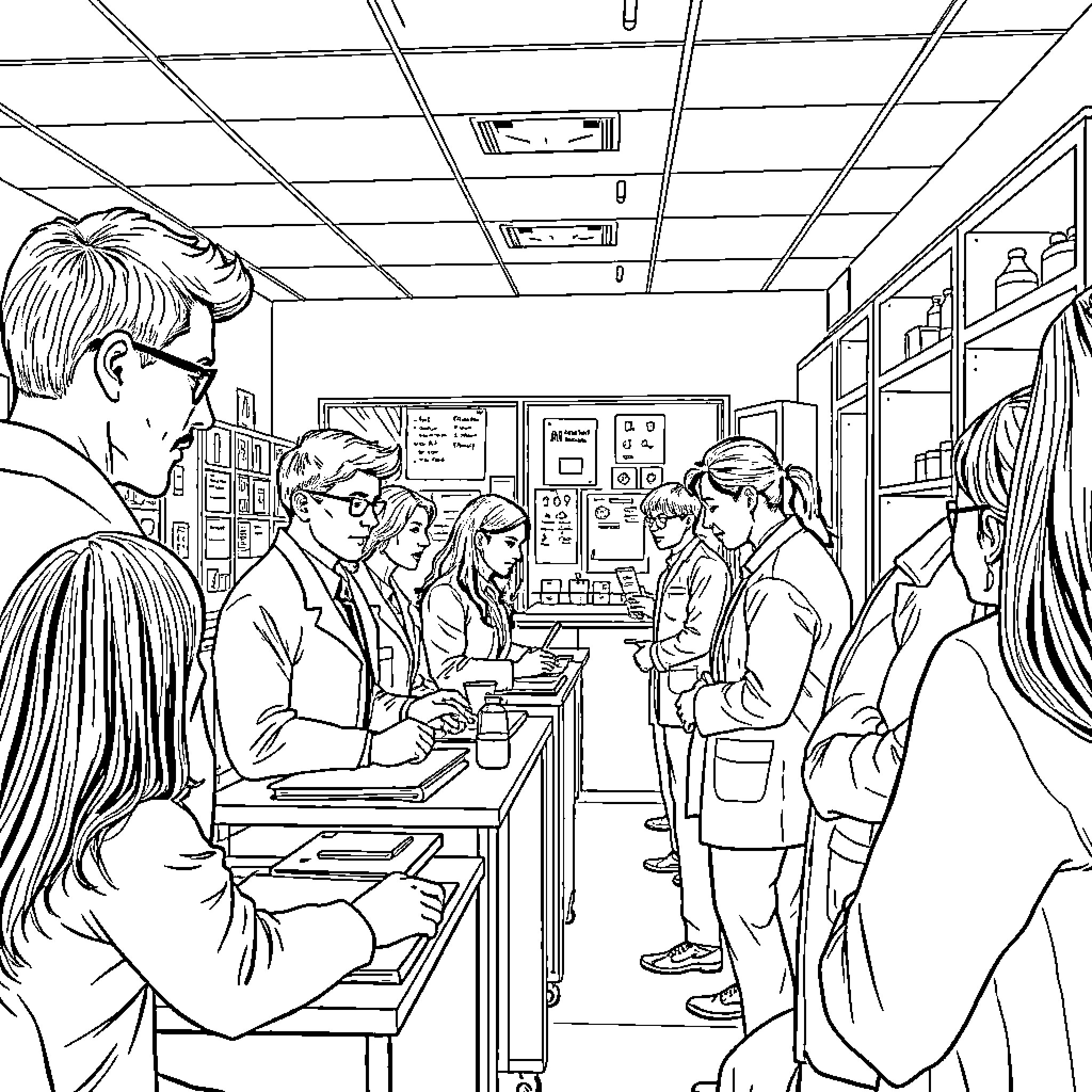 Internship in a Bustling Office Environment Coloring Page (free black-and-white line drawing printable PDF for all, from beginners to advanced learners, including children, teens, adults, and seniors)