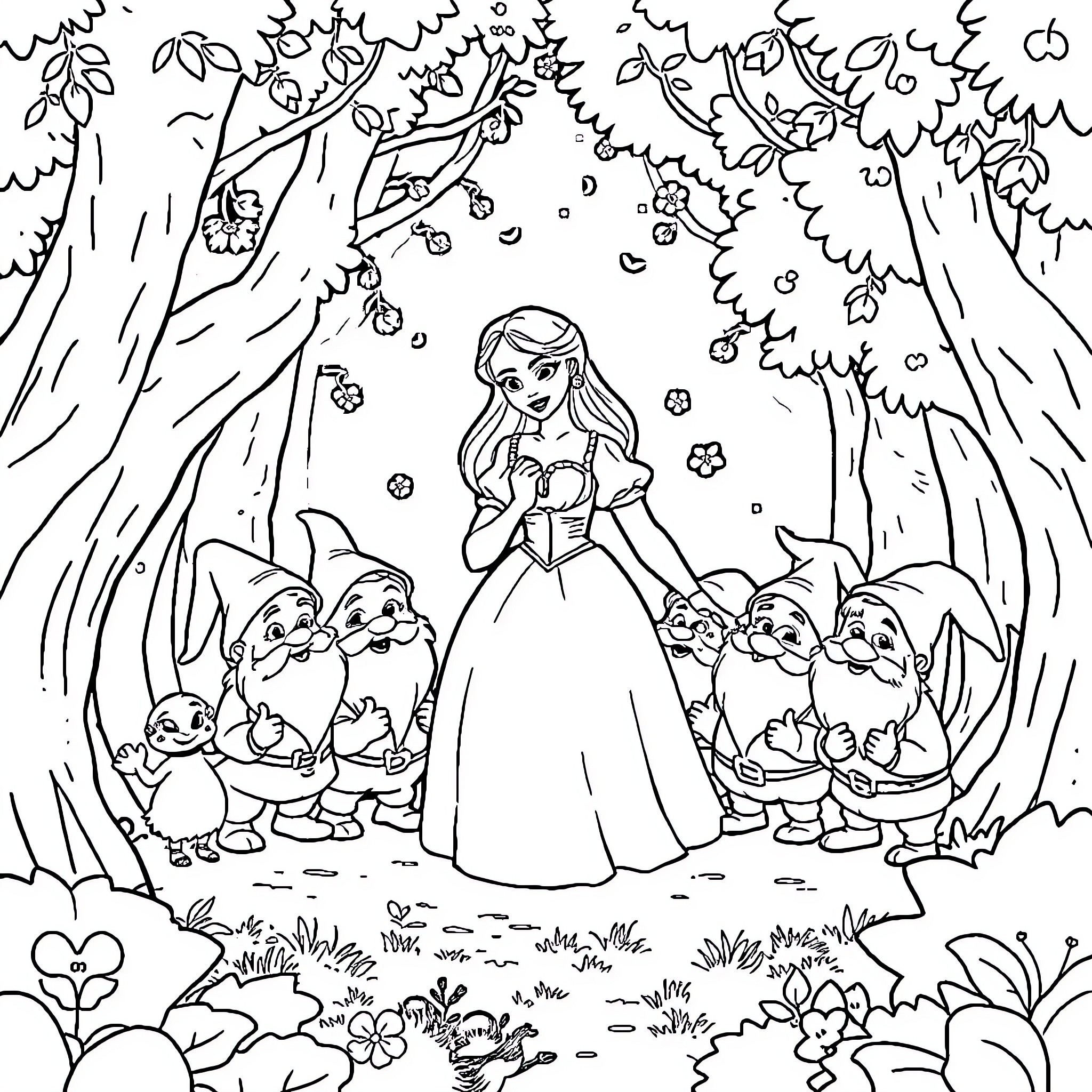 Snow White and the Seven Dwarfs in the Enchanted Forest Coloring Page (free black-and-white line drawing printable PDF for all, from beginners to advanced learners, including children, teens, adults, and seniors)