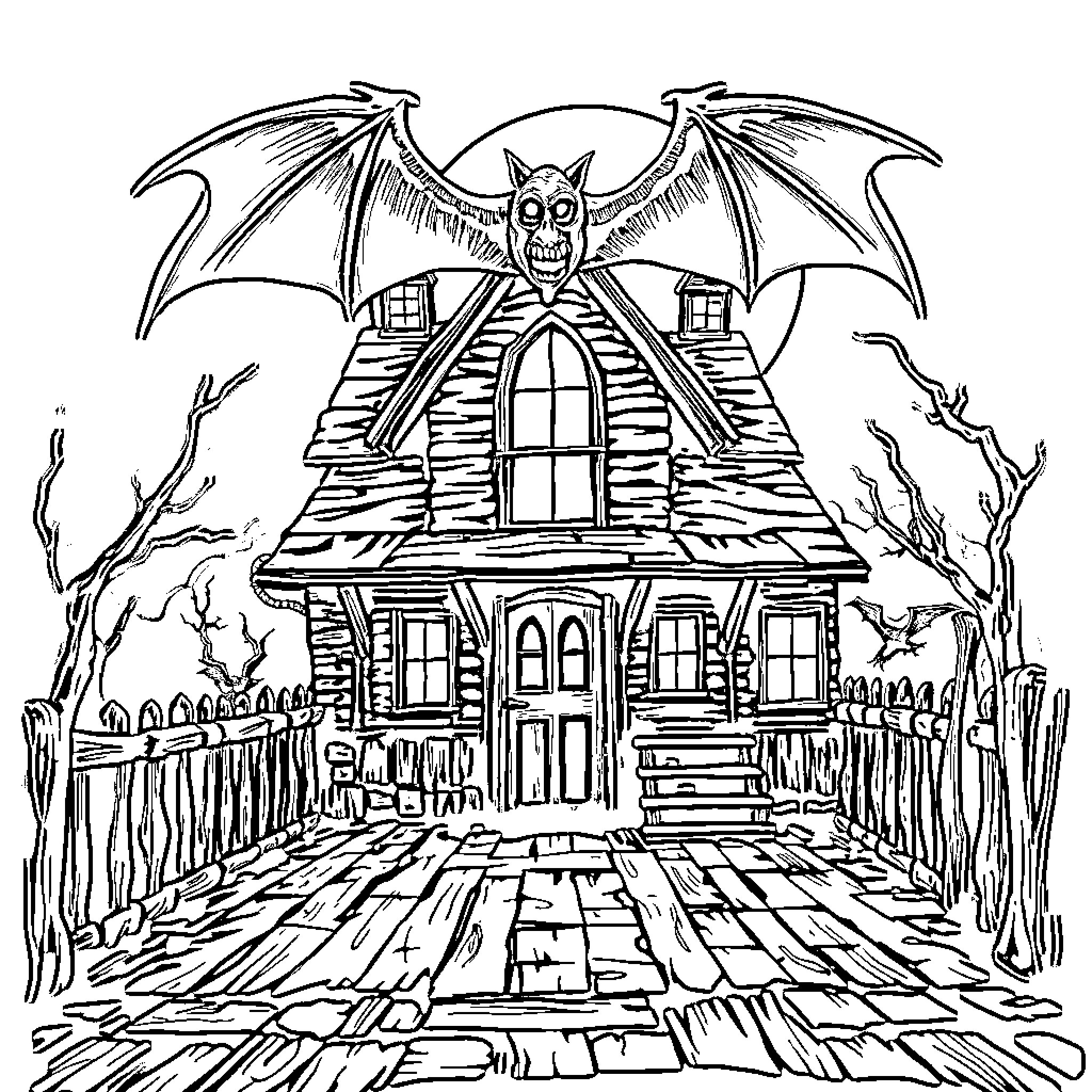 Bat guarding the haunted house Coloring Page (free black-and-white line drawing printable PDF for all, from beginners to advanced learners, including children, teens, adults, and seniors)