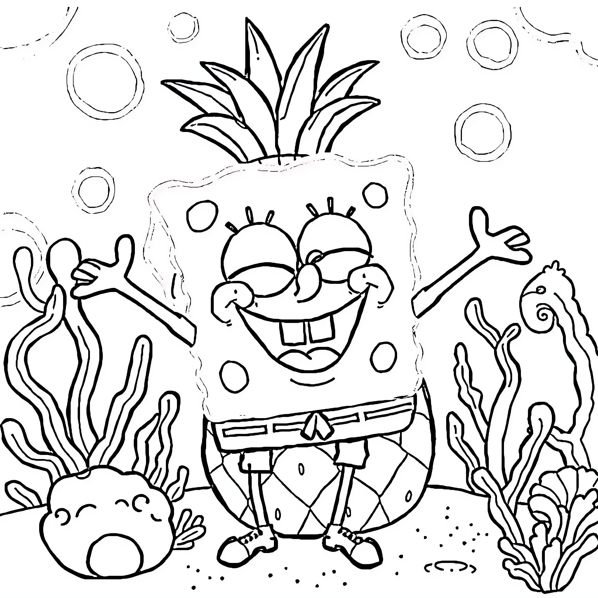 Spongebob enjoying underwater adventures with sea creatures Coloring Page (free black-and-white line drawing printable PDF for all, from beginners to advanced learners, including children, teens, adults, and seniors)