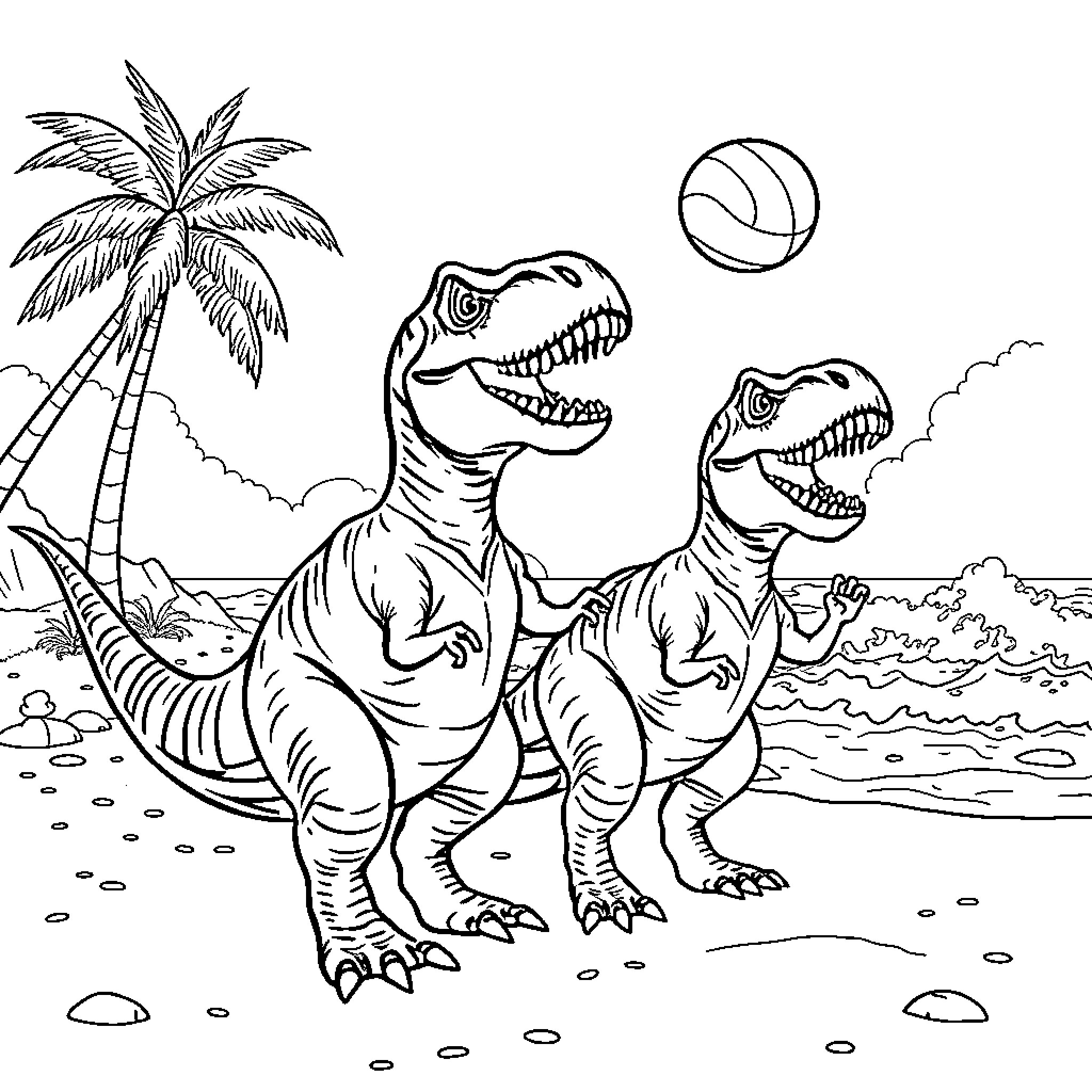T-Rex Dinosaurs Playing with Beach Ball on Tropical Island Coloring Page (free black-and-white line drawing printable PDF for all, from beginners to advanced learners, including children, teens, adults, and seniors)