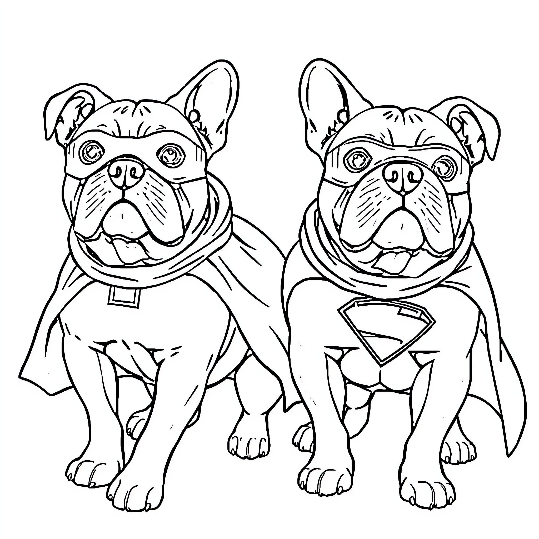 Bulldogs dressed as superhero sidekicks Coloring Page (free black-and-white line drawing printable PDF for all, from beginners to advanced learners, including children, teens, adults, and seniors)