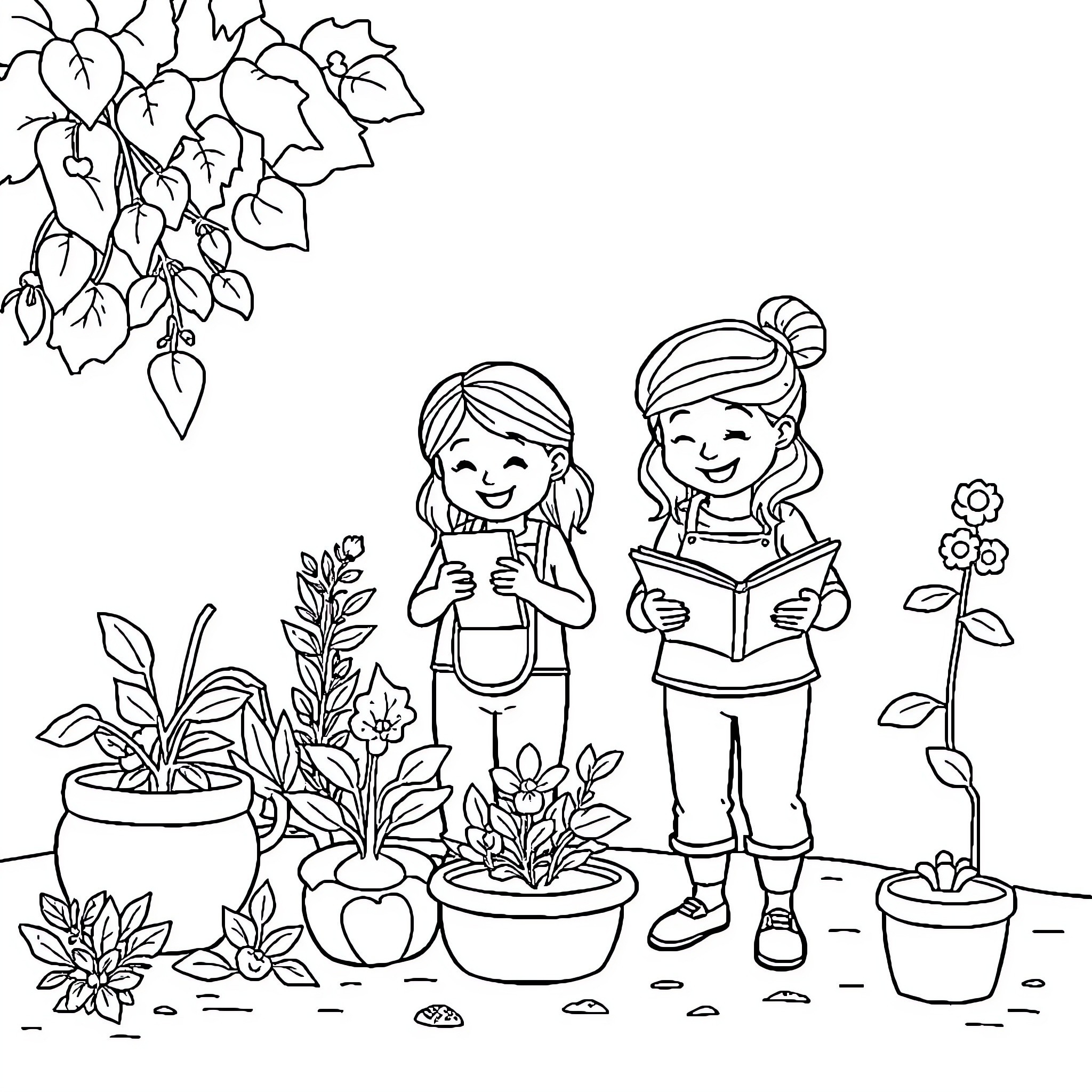 Pickle Girls Tending to Plants and Reading Coloring Page (free black-and-white line drawing printable PDF for all, from beginners to advanced learners, including children, teens, adults, and seniors)