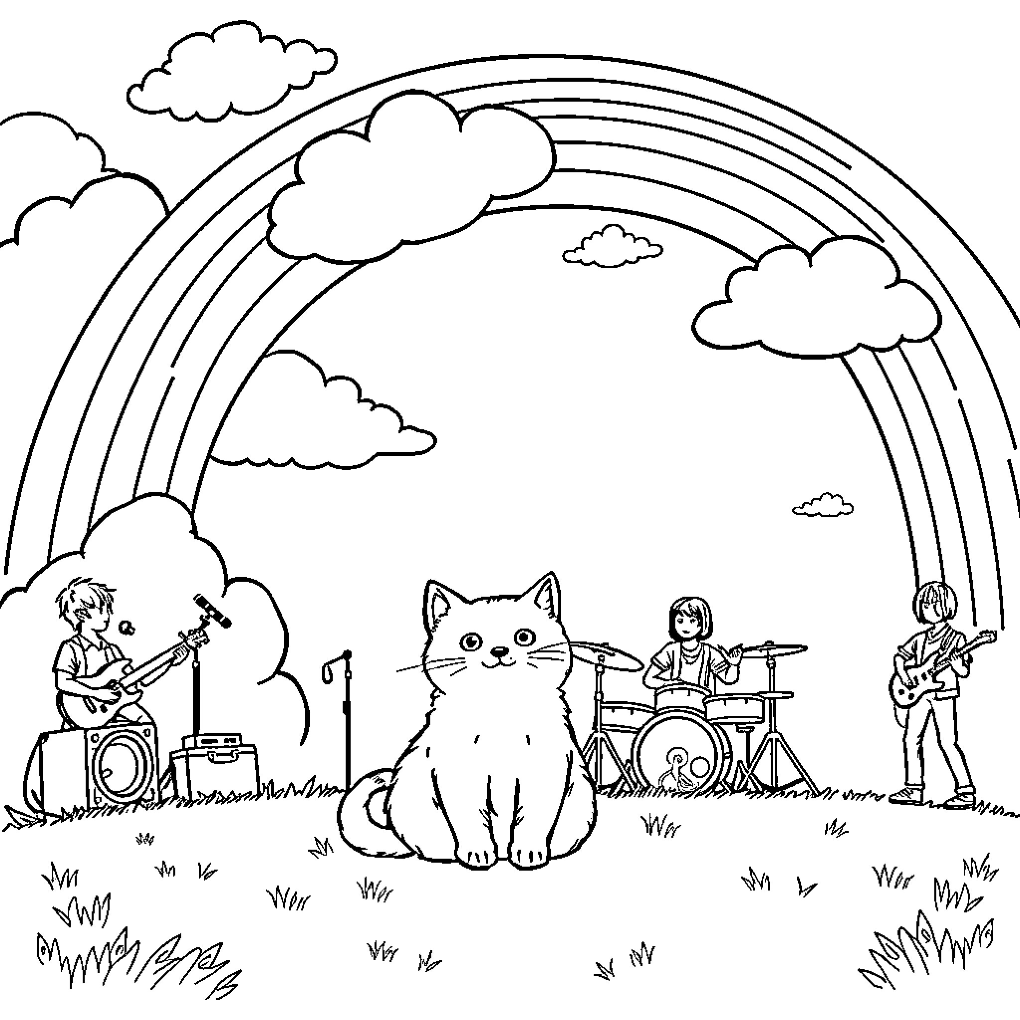 Cat watching band perform under rainbow Coloring Page (free black-and-white line drawing printable PDF for all, from beginners to advanced learners, including children, teens, adults, and seniors)