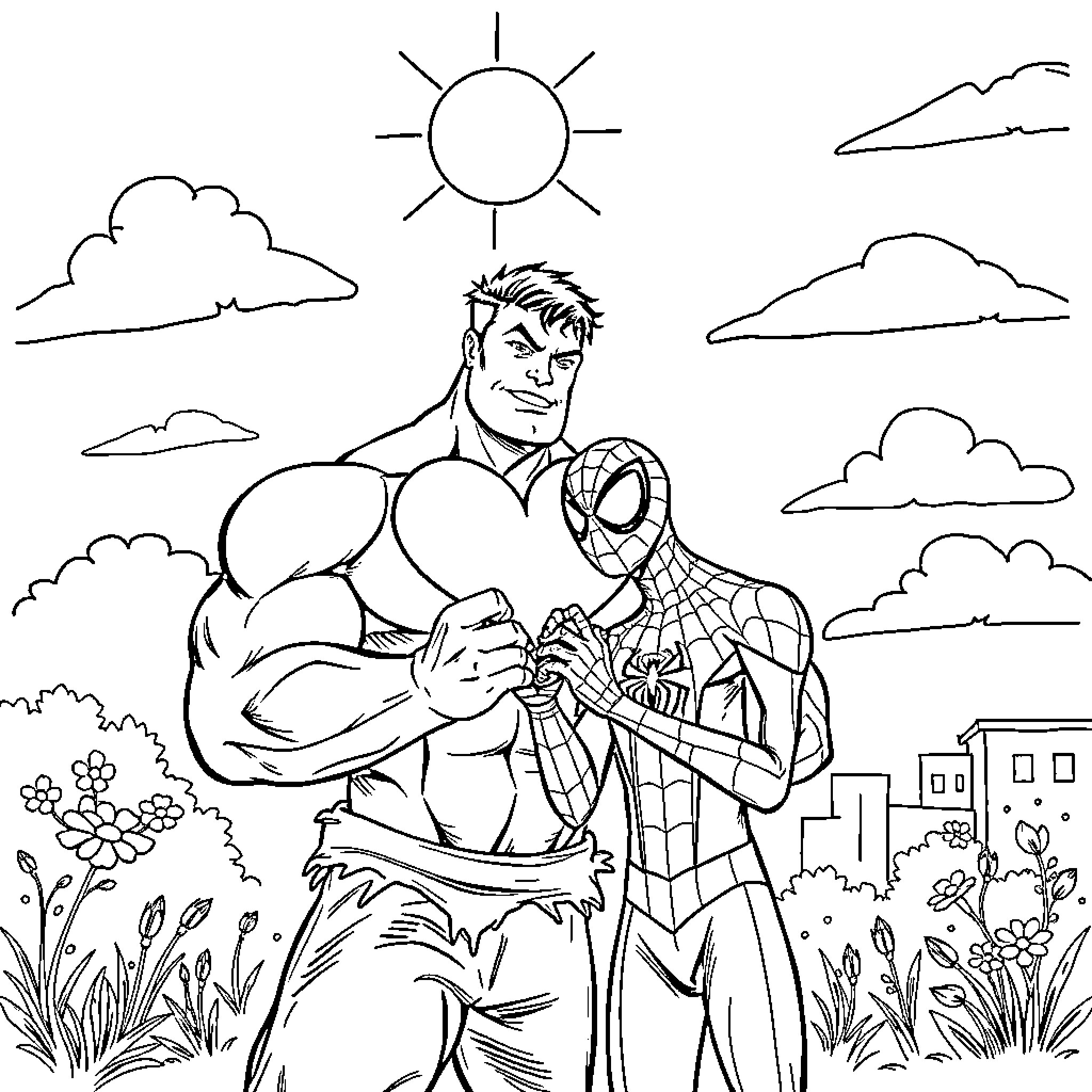 Hulk and Spiderman teaming up in the outdoors Coloring Page (free black-and-white line drawing printable PDF for all, from beginners to advanced learners, including children, teens, adults, and seniors)