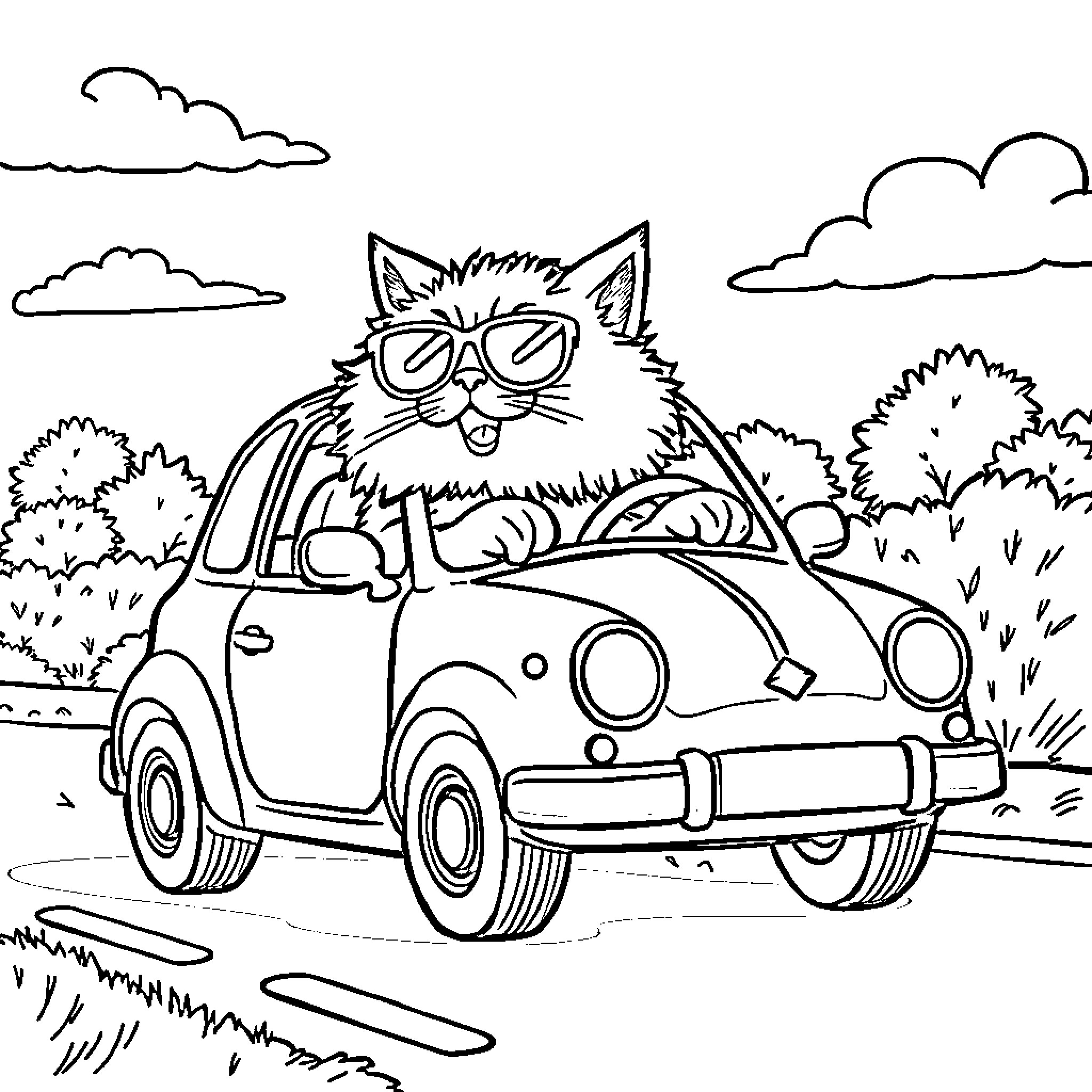 Cat driving a vintage car in the countryside Coloring Page (free black-and-white line drawing printable PDF for all, from beginners to advanced learners, including children, teens, adults, and seniors)