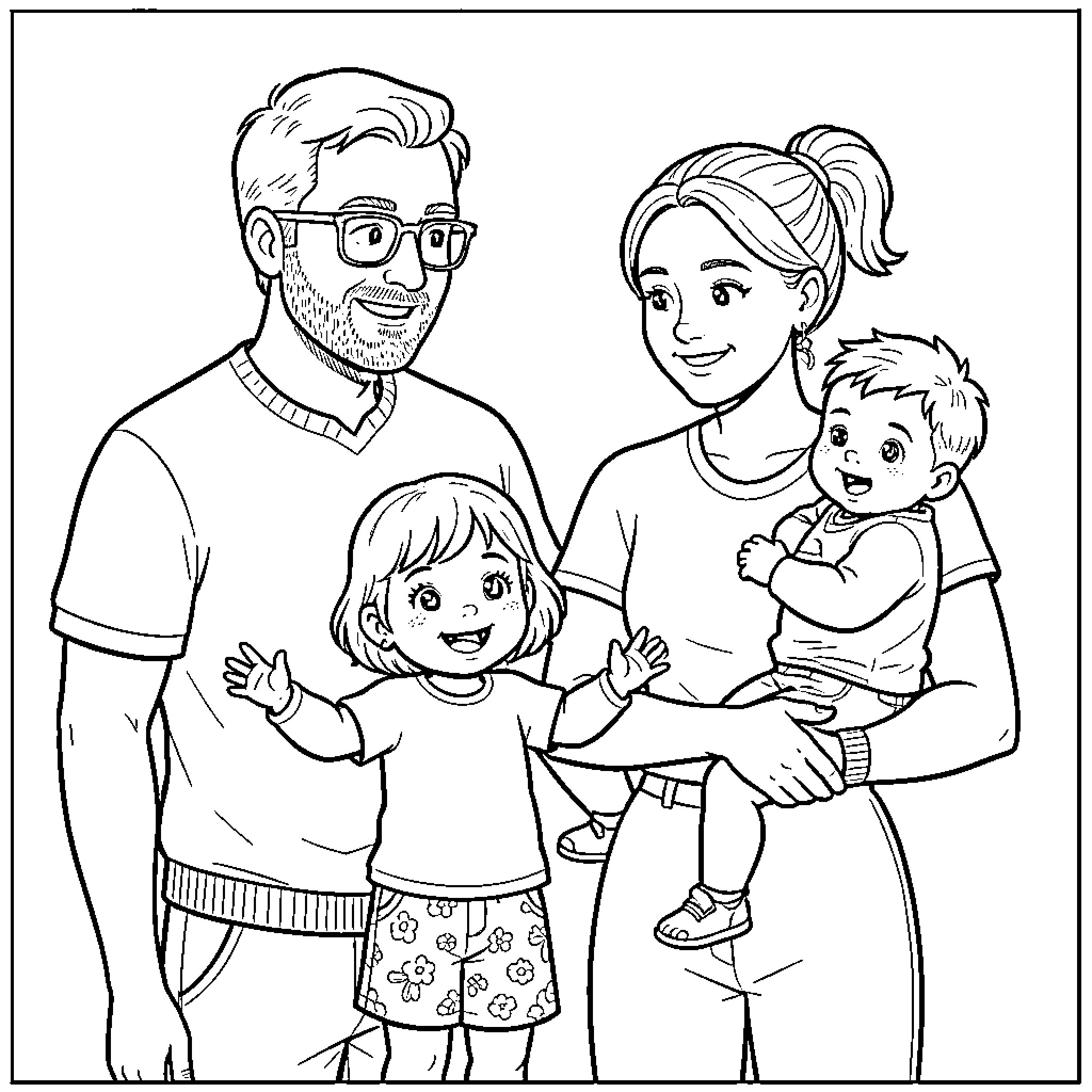 Familia smiling together while embracing their young children Coloring Page (free black-and-white line drawing printable PDF for all, from beginners to advanced learners, including children, teens, adults, and seniors)