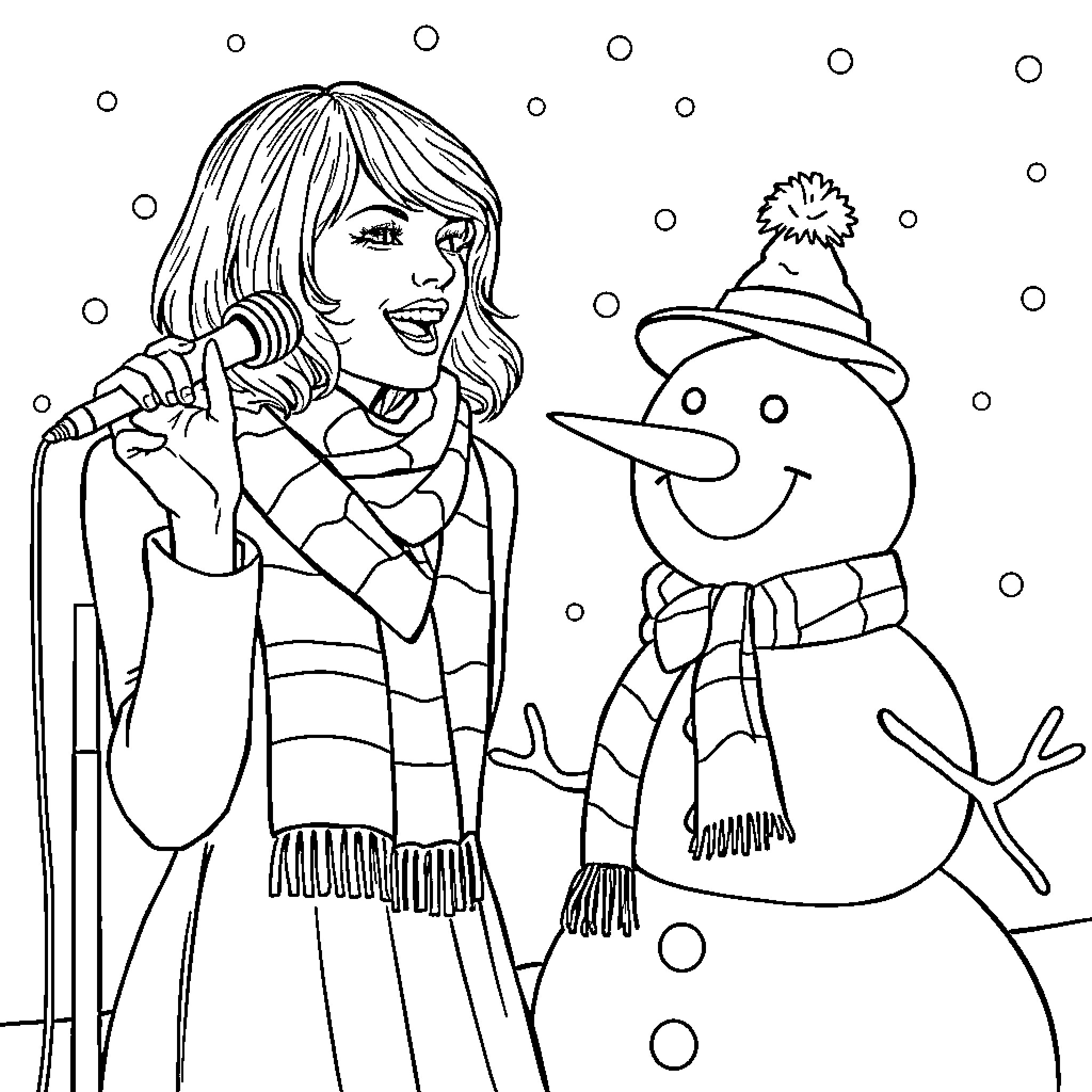 Snowman and girl enjoying the winter season Coloring Page (free black-and-white line drawing printable PDF for all, from beginners to advanced learners, including children, teens, adults, and seniors)