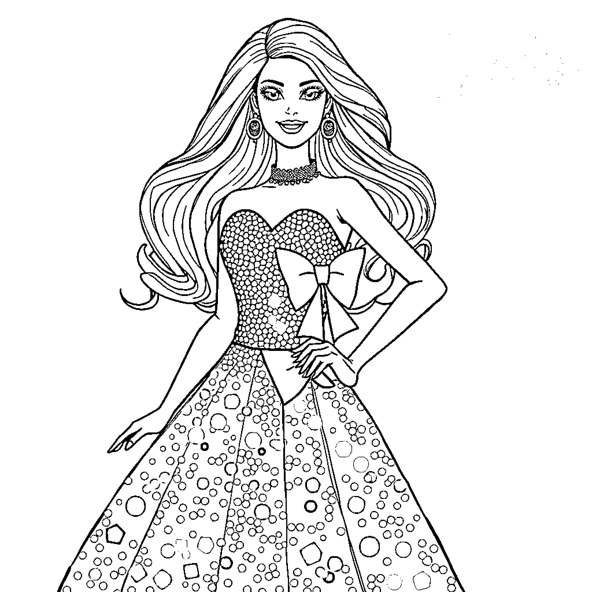 Barbie dressed in elegant gown with flowing hair Coloring Page (free black-and-white line drawing printable PDF for all, from beginners to advanced learners, including children, teens, adults, and seniors)