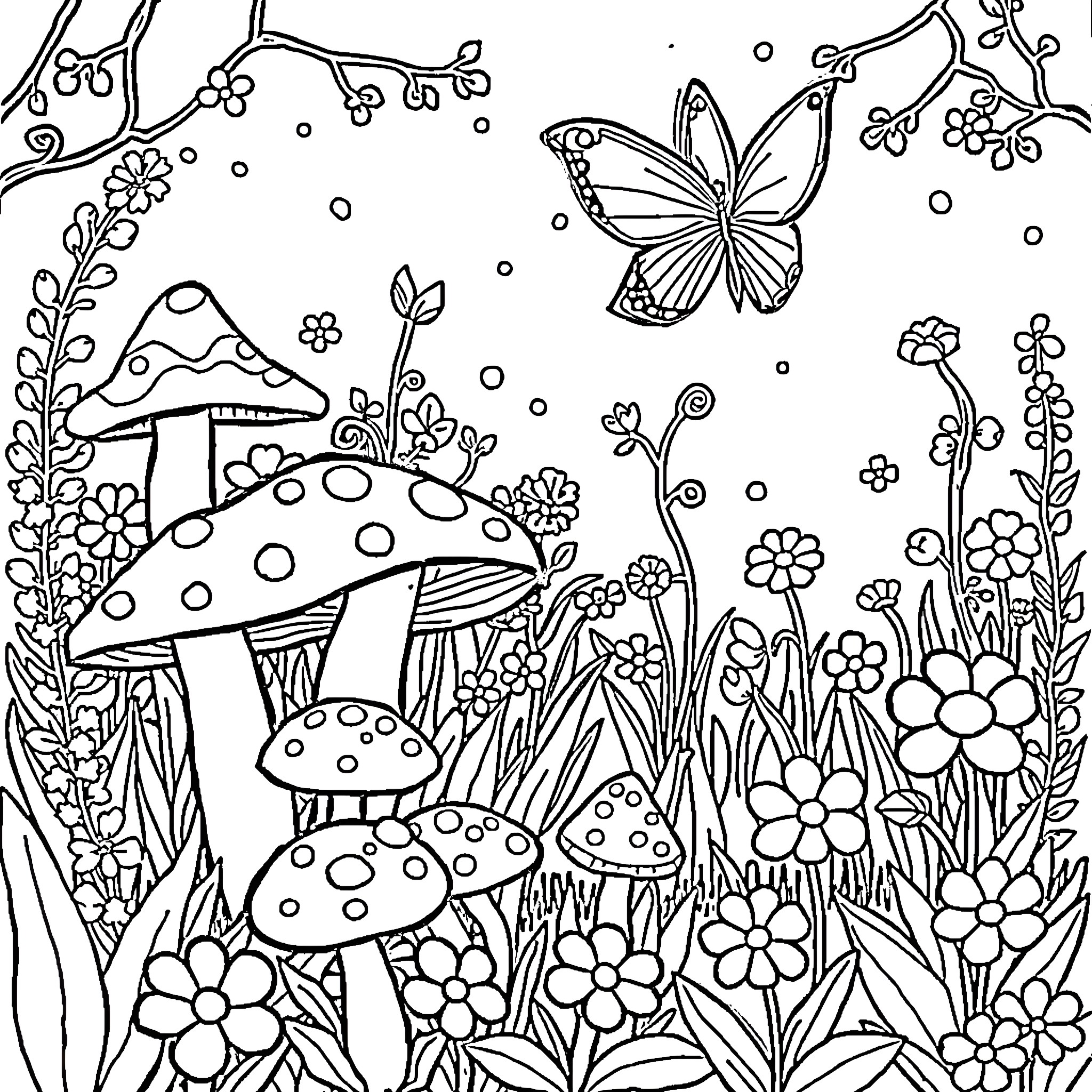 Fairy forest with whimsical mushrooms and butterflies Coloring Page (free black-and-white line drawing printable PDF for all, from beginners to advanced learners, including children, teens, adults, and seniors)
