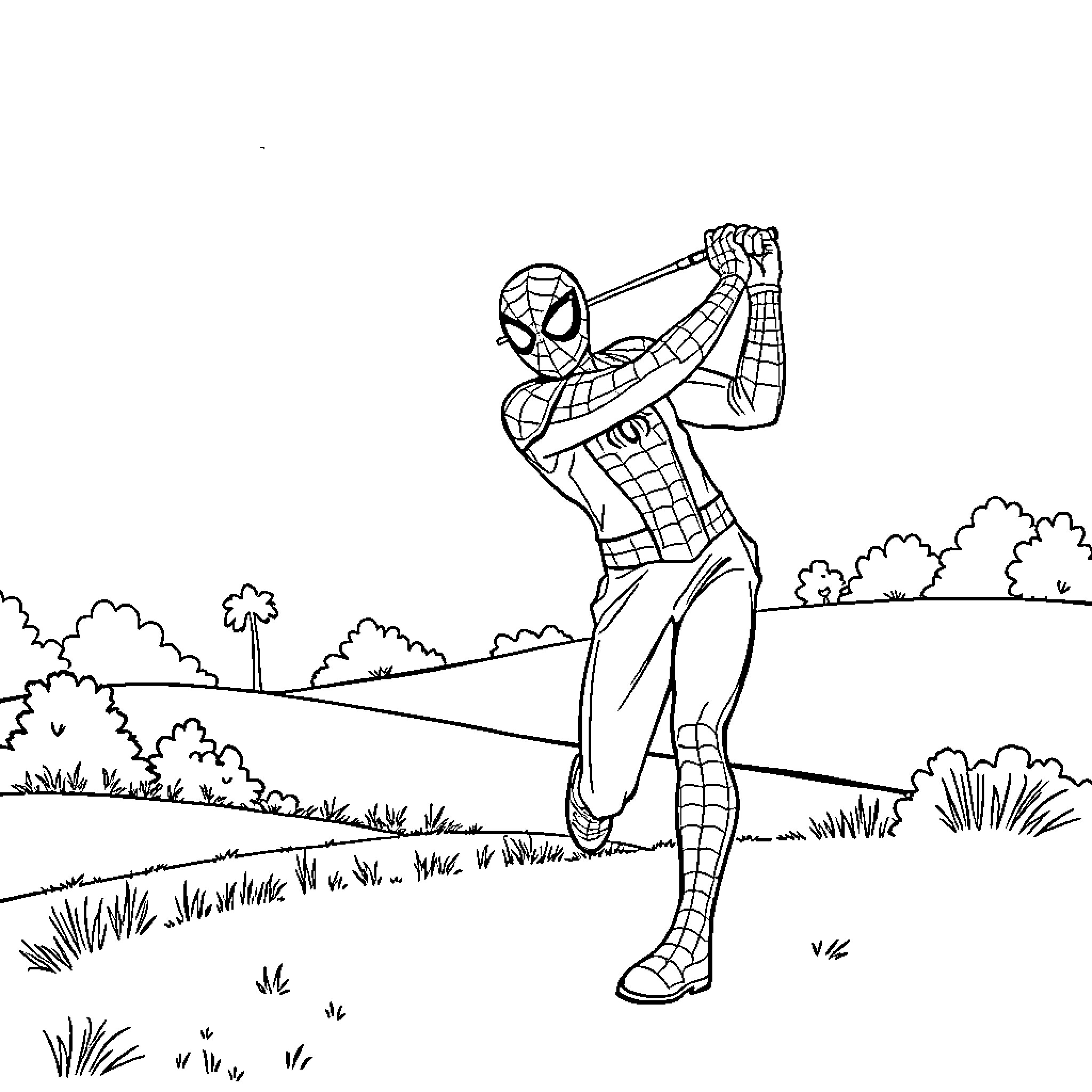 Spider-Man swinging through a picturesque outdoor scene Coloring Page (free black-and-white line drawing printable PDF for all, from beginners to advanced learners, including children, teens, adults, and seniors)