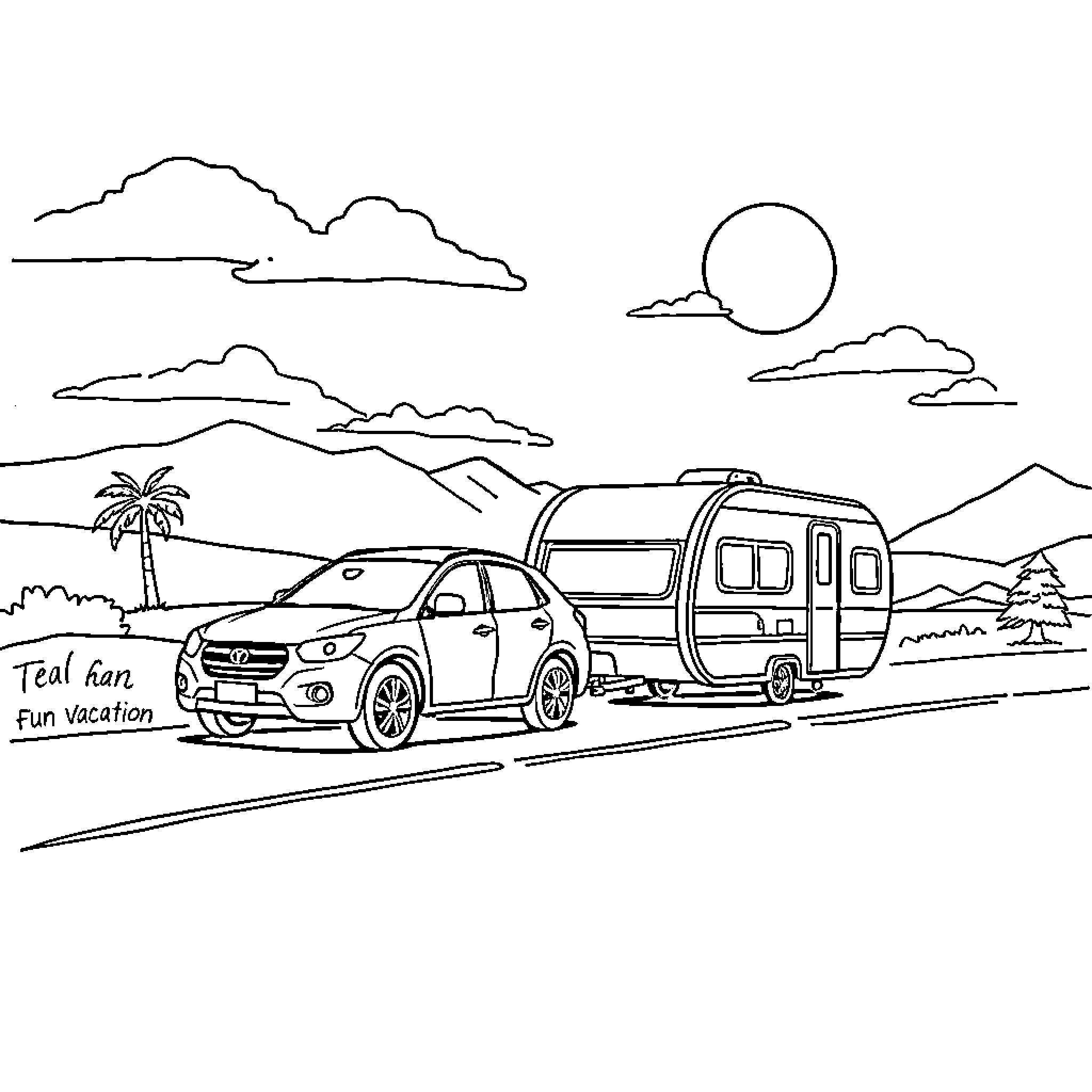 Car with Camper on Vacation in the Mountains Coloring Page (free black-and-white line drawing printable PDF for all, from beginners to advanced learners, including children, teens, adults, and seniors)