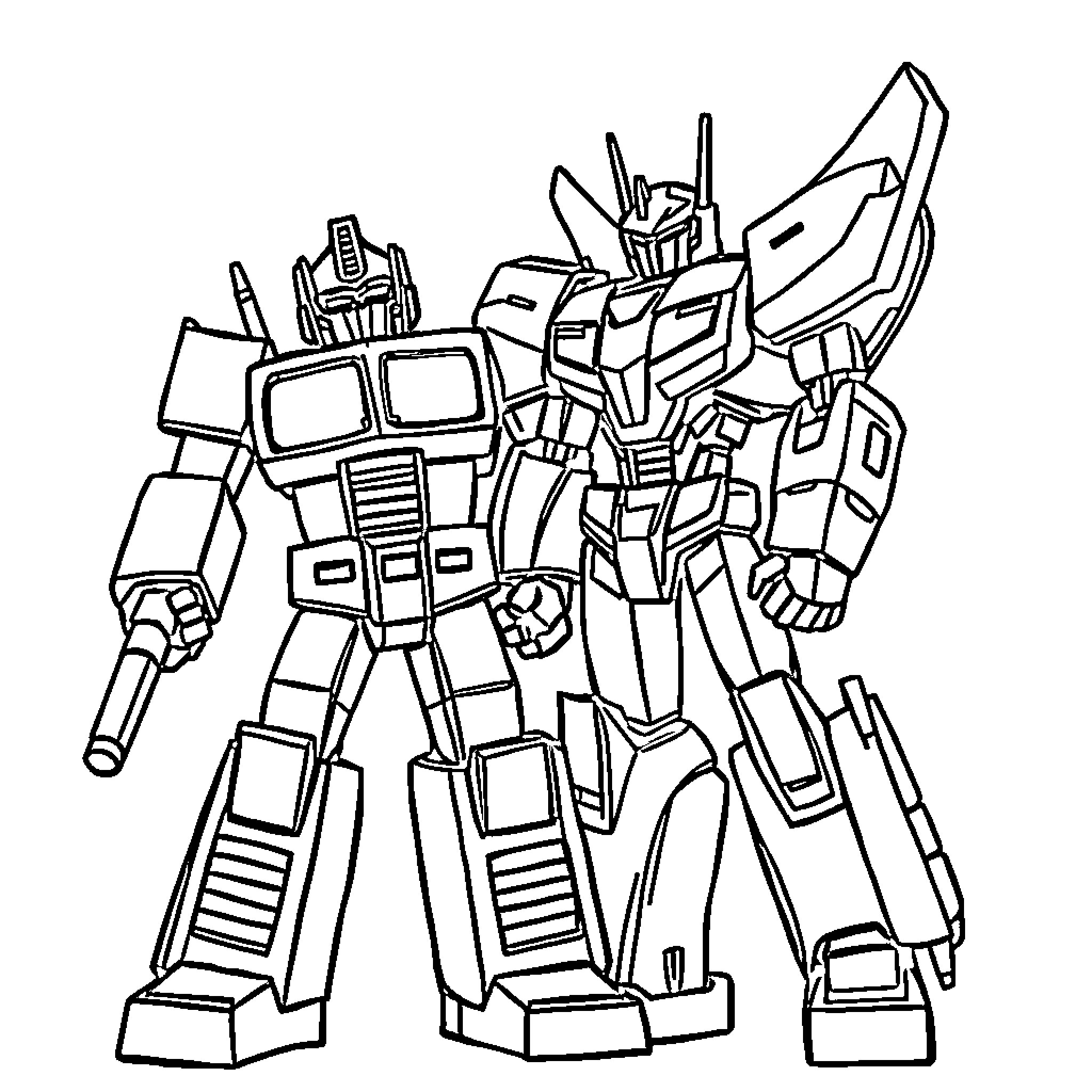 Optimus Prime in action-packed robot form Coloring Page (free black-and-white line drawing printable PDF for all, from beginners to advanced learners, including children, teens, adults, and seniors)