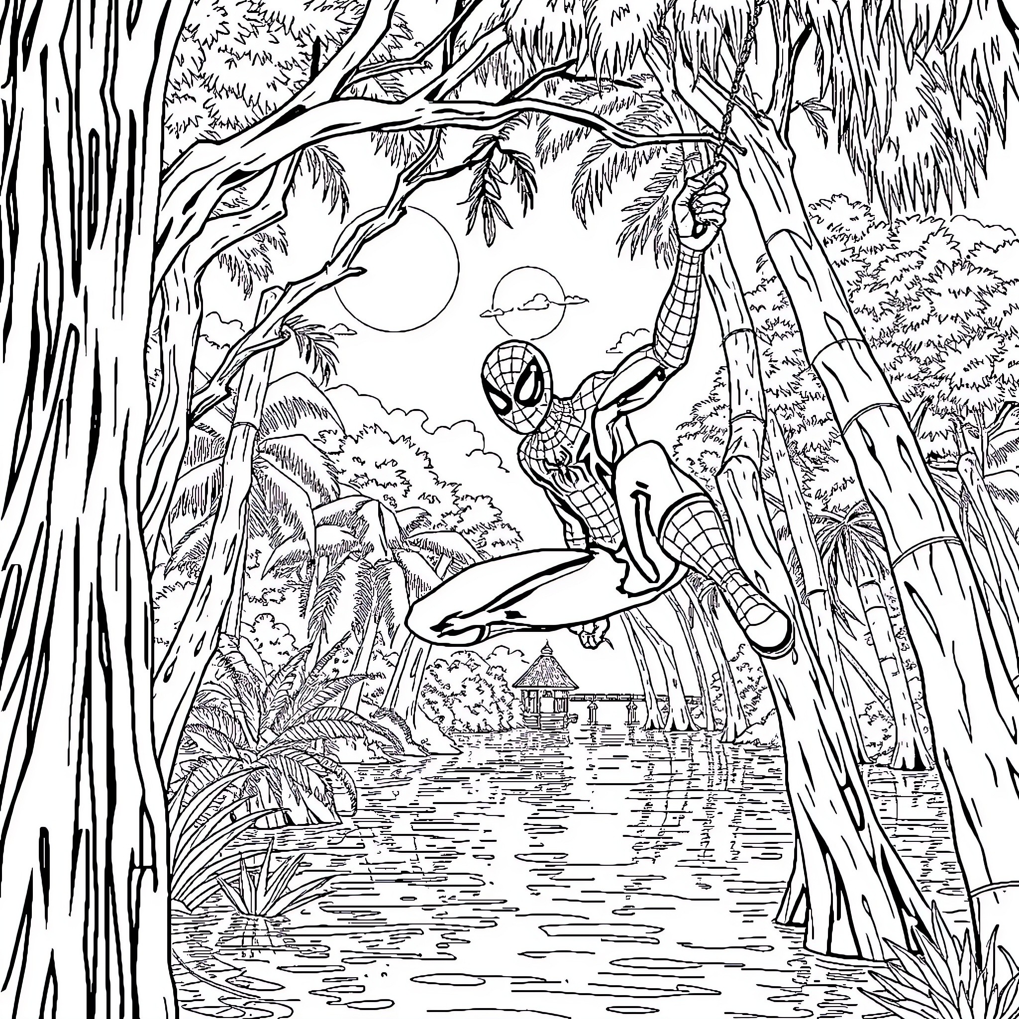 Spiderman swinging through a lush jungle landscape Coloring Page (free black-and-white line drawing printable PDF for all, from beginners to advanced learners, including children, teens, adults, and seniors)