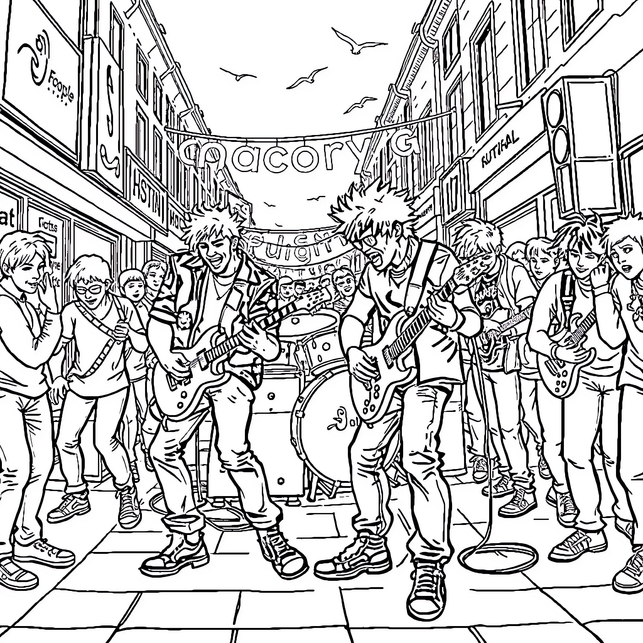 Punk Rock Performers Energize Street Scene Coloring Page (free black-and-white line drawing printable PDF for all, from beginners to advanced learners, including children, teens, adults, and seniors)