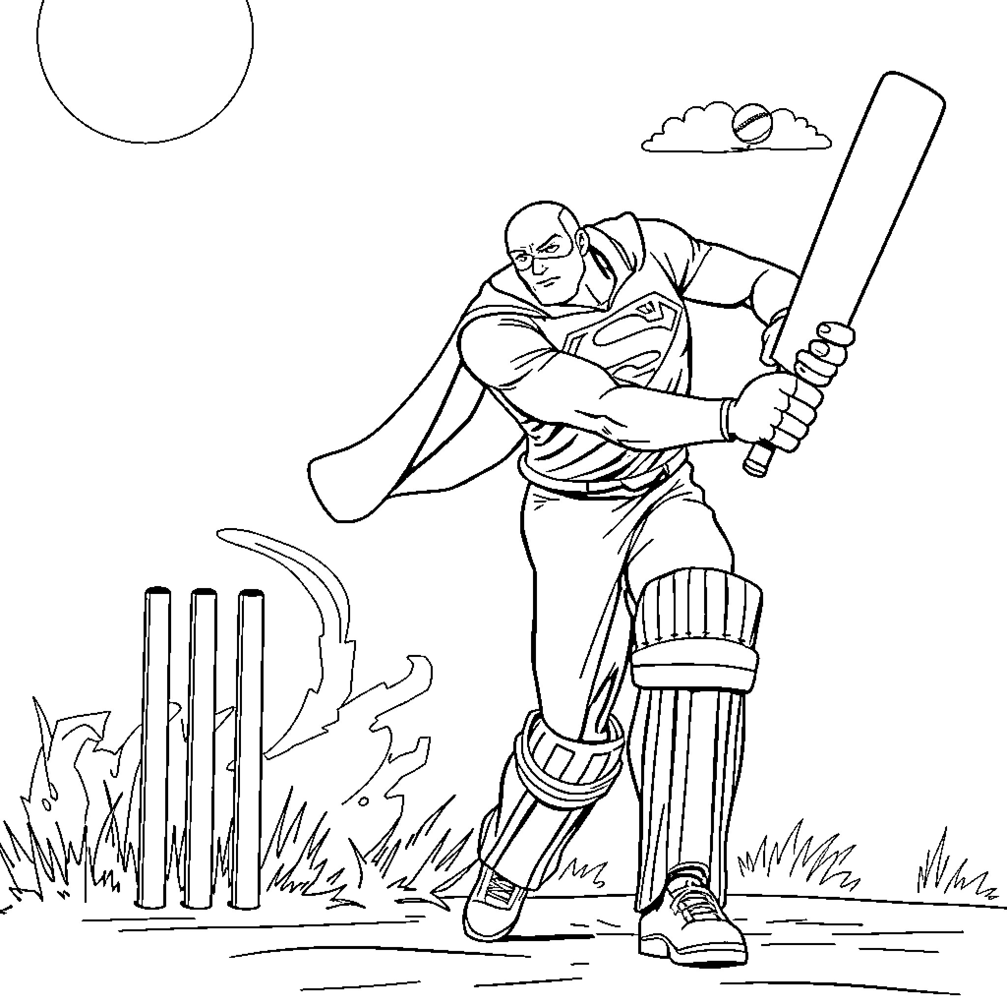 Superman playing cricket in the field Coloring Page (free black-and-white line drawing printable PDF for all, from beginners to advanced learners, including children, teens, adults, and seniors)