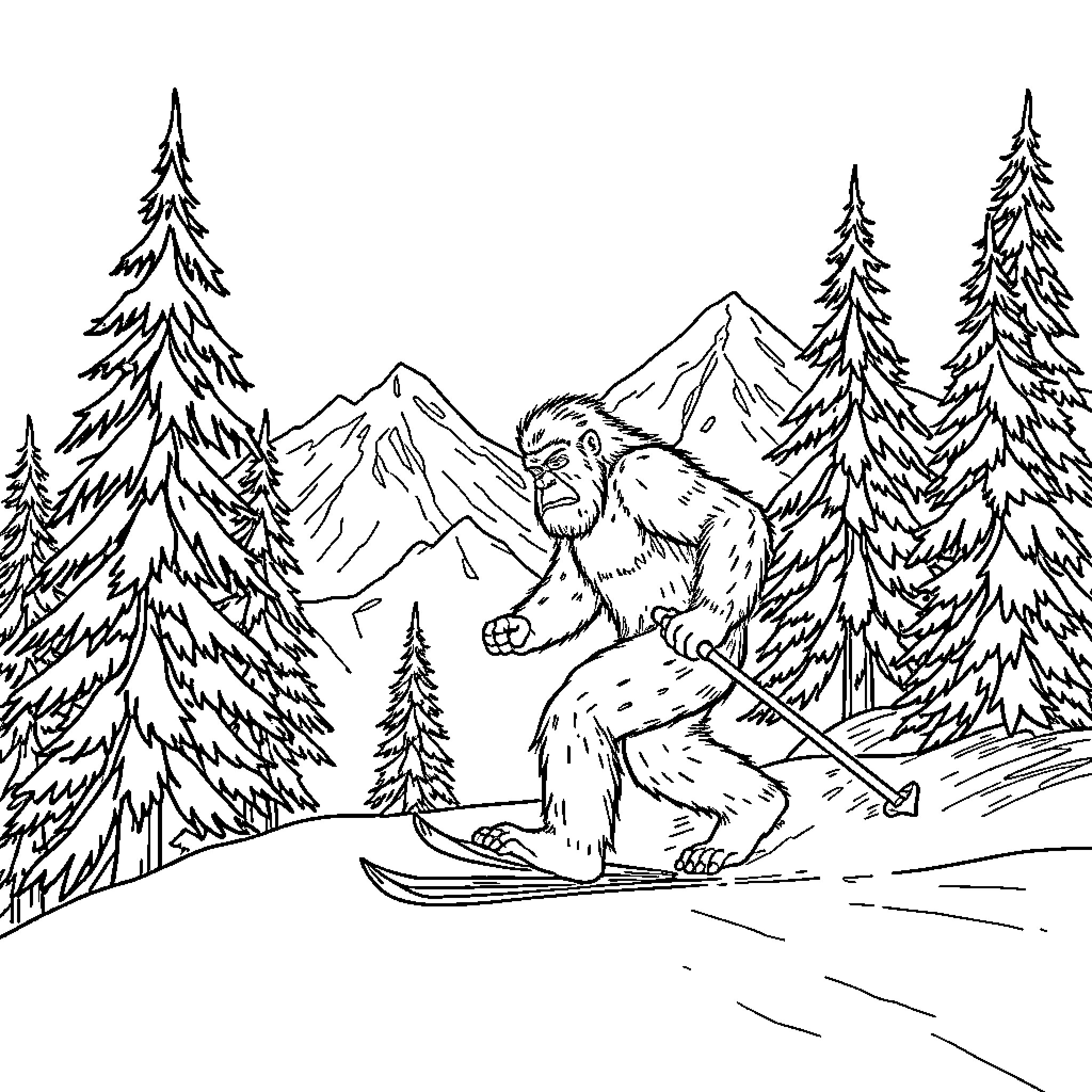 Bigfoot skiing through snowy mountain landscape Coloring Page (free black-and-white line drawing printable PDF for all, from beginners to advanced learners, including children, teens, adults, and seniors)