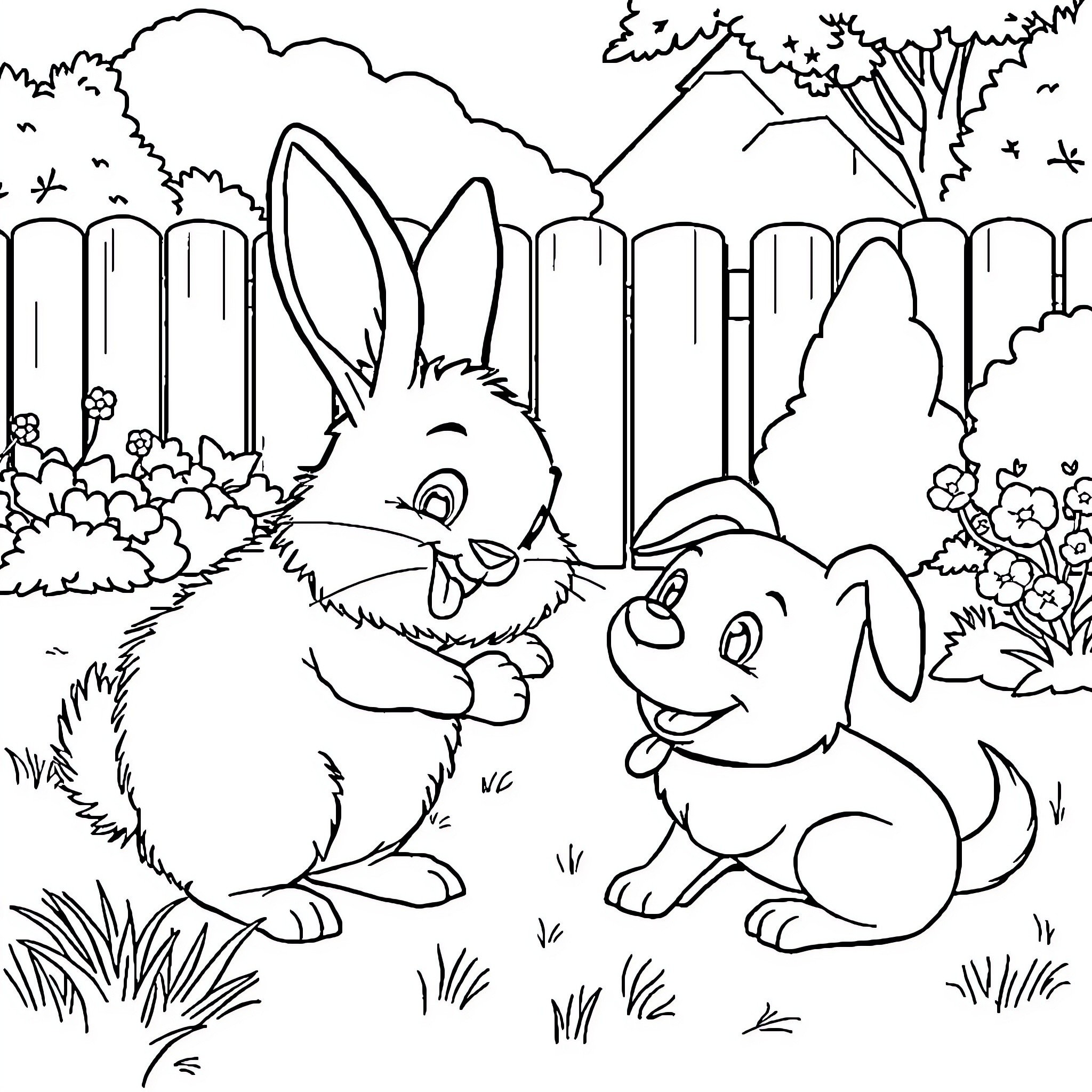 Rabbit friends playing in the garden Coloring Page (free black-and-white line drawing printable PDF for all, from beginners to advanced learners, including children, teens, adults, and seniors)