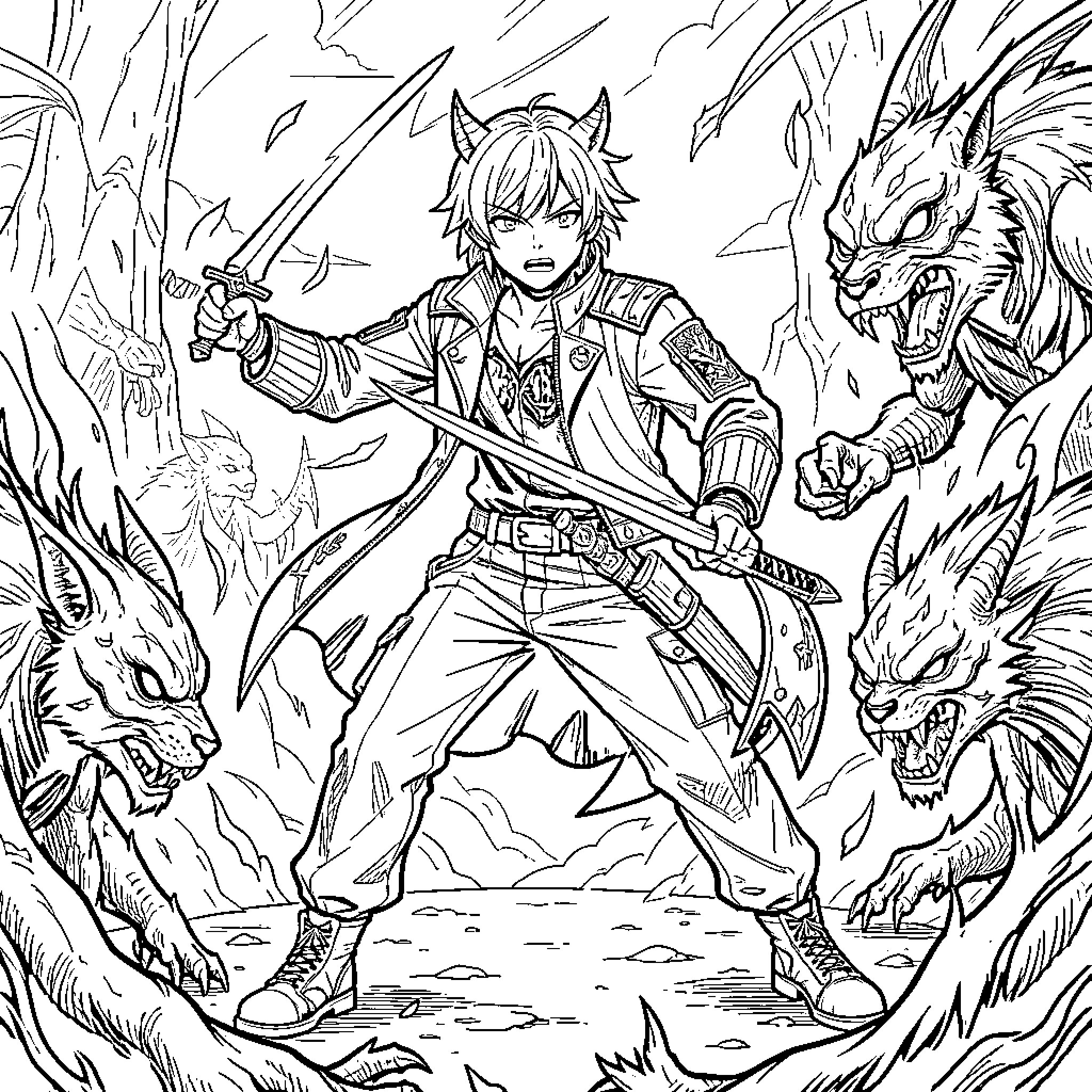 Kpop Demon Hunter wielding swords against fierce creatures Coloring Page (free black-and-white line drawing printable PDF for all, from beginners to advanced learners, including children, teens, adults, and seniors)