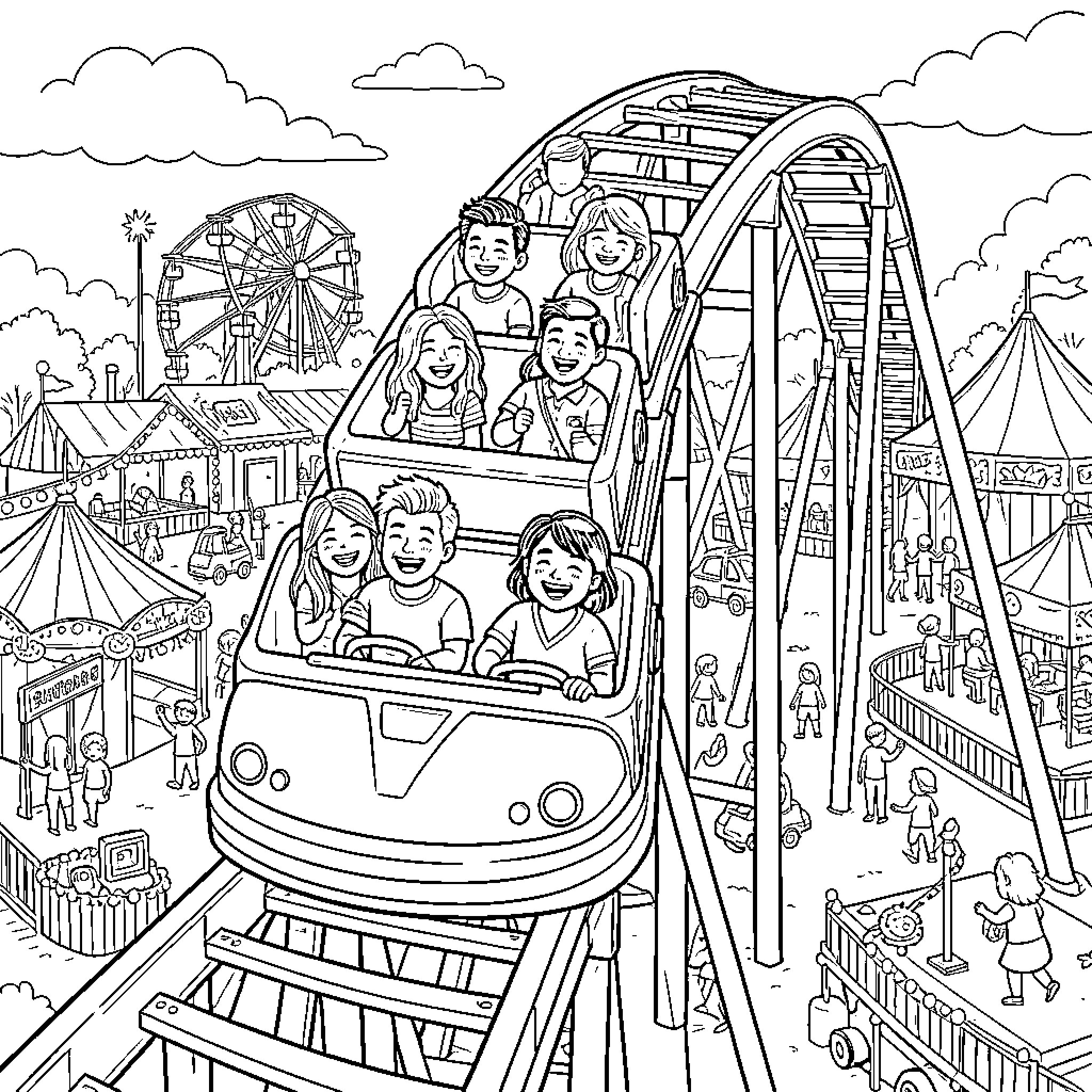 Montaña Rusa with children cheering and having fun Coloring Page (free black-and-white line drawing printable PDF for all, from beginners to advanced learners, including children, teens, adults, and seniors)