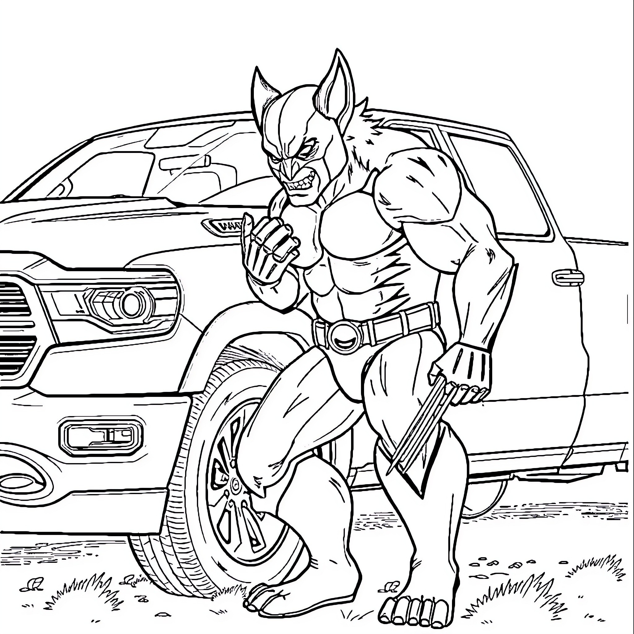 Wolverine unleashing his claws near a vehicle Coloring Page (free black-and-white line drawing printable PDF for all, from beginners to advanced learners, including children, teens, adults, and seniors)
