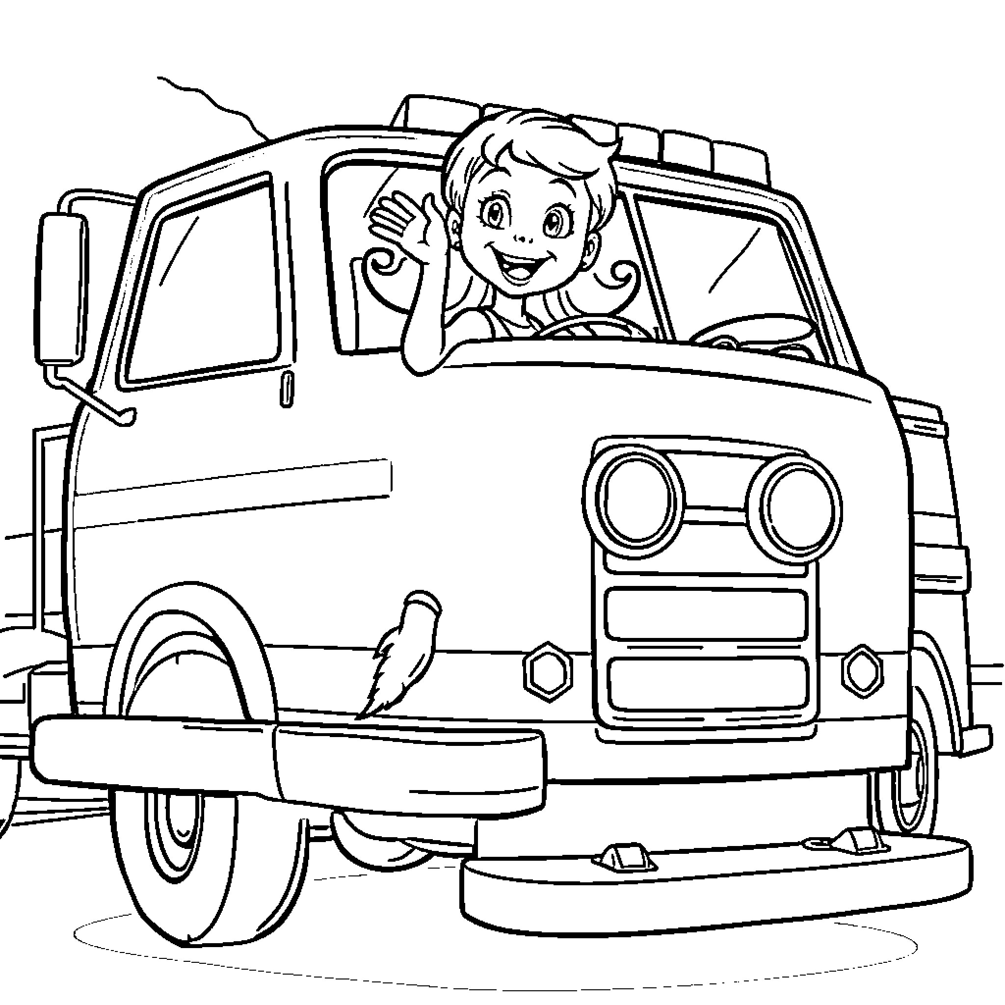 Ms Rachel Waves from Retro Pickup Truck Coloring Page (free black-and-white line drawing printable PDF for all, from beginners to advanced learners, including children, teens, adults, and seniors)