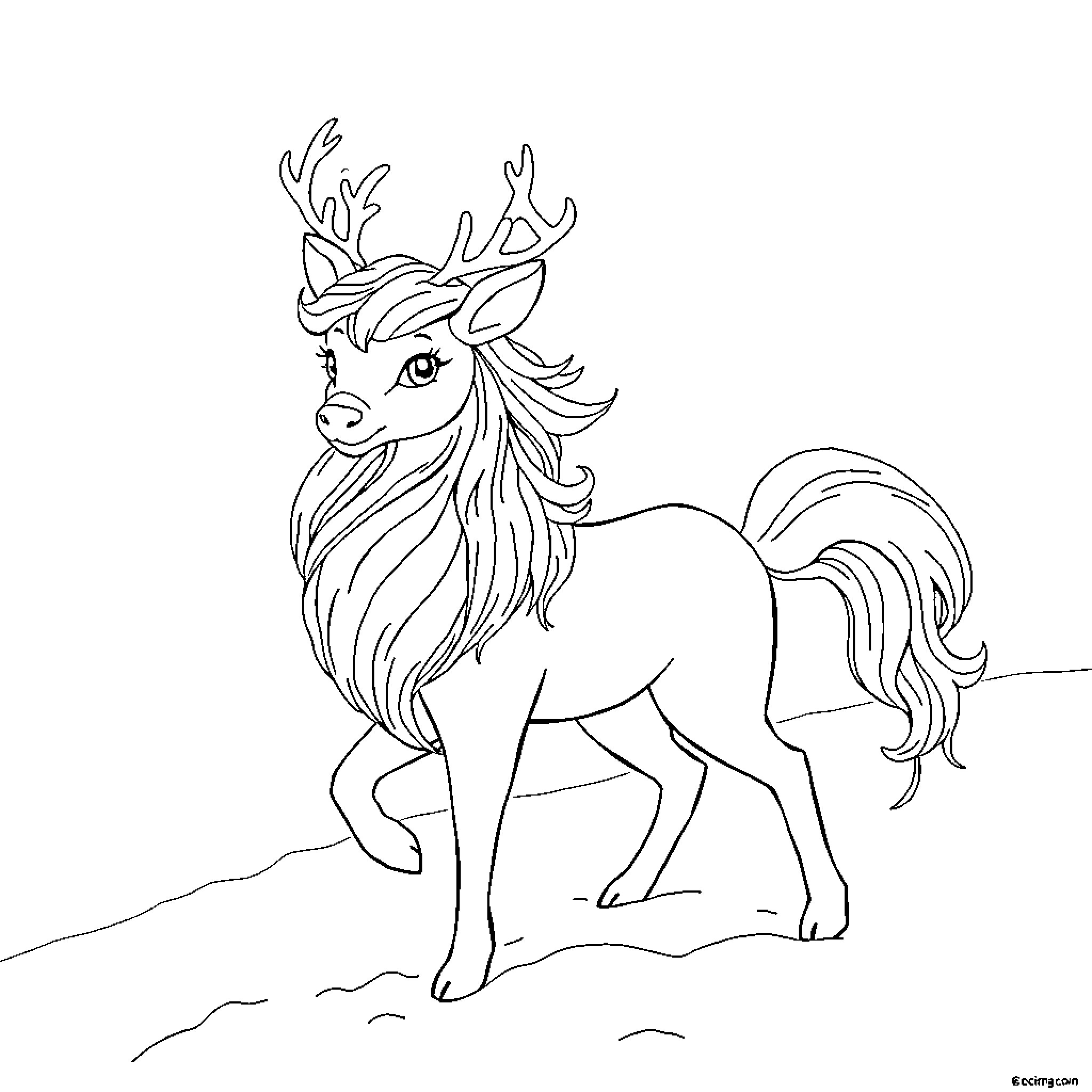 Queen Deer with Majestic Antlers Coloring Page (free black-and-white line drawing printable PDF for all, from beginners to advanced learners, including children, teens, adults, and seniors)