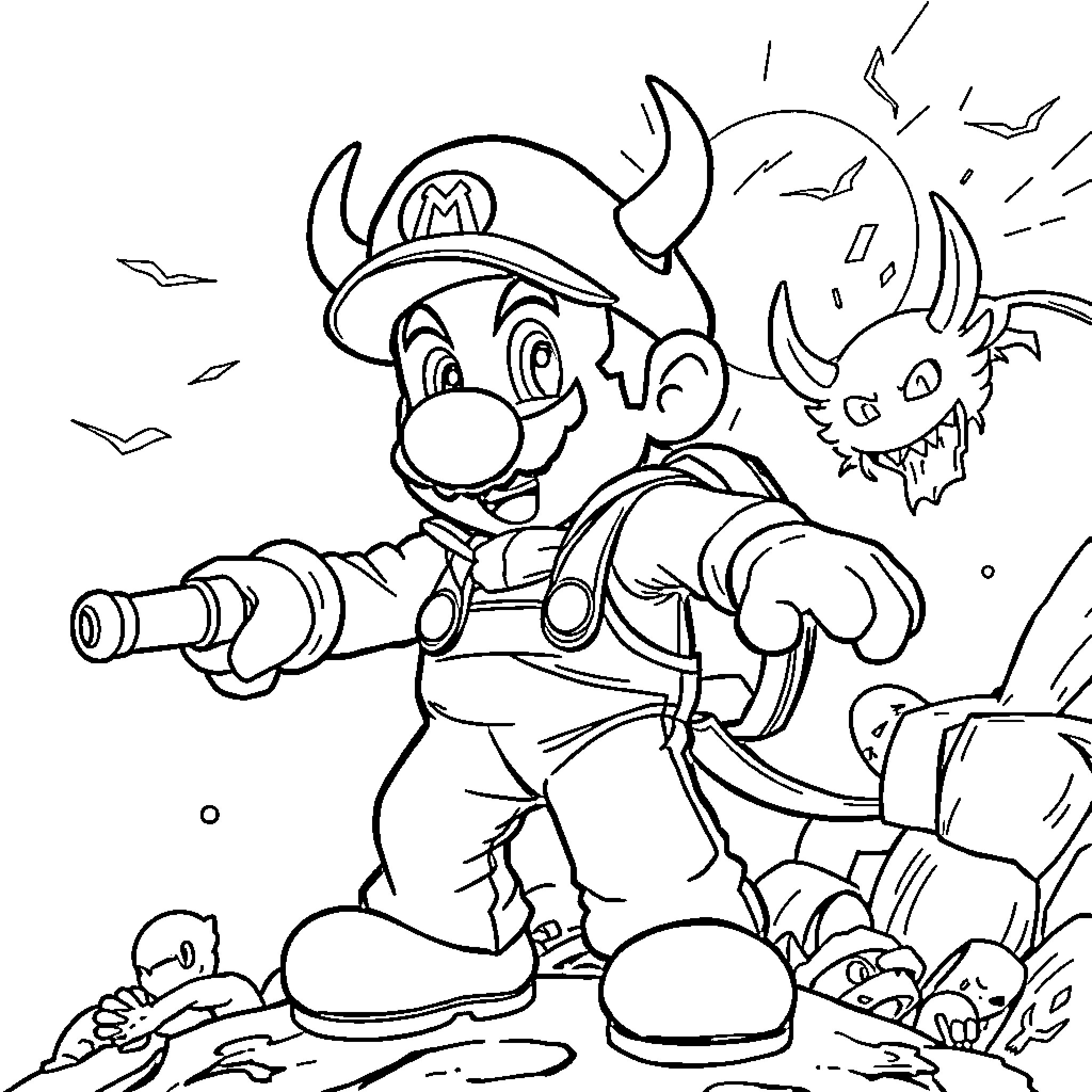Super Mario Battles Fierce Monster in Adventure Coloring Page (free black-and-white line drawing printable PDF for all, from beginners to advanced learners, including children, teens, adults, and seniors)