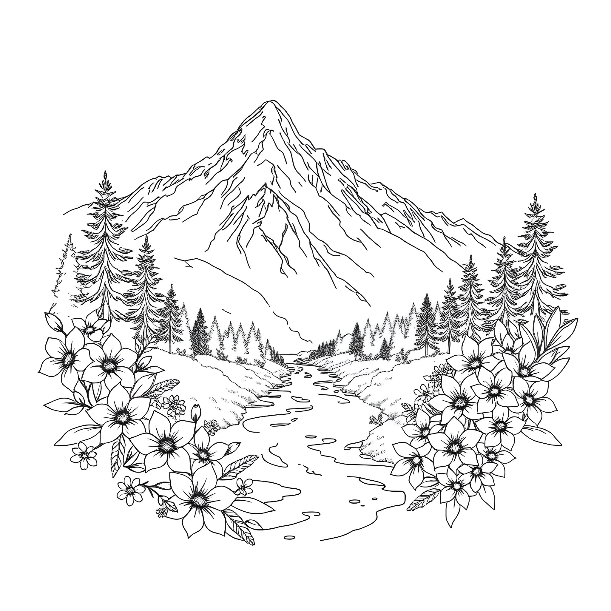 Mountain landscape with floral accents Coloring Page (free black-and-white line drawing printable PDF for all, from beginners to advanced learners, including children, teens, adults, and seniors)