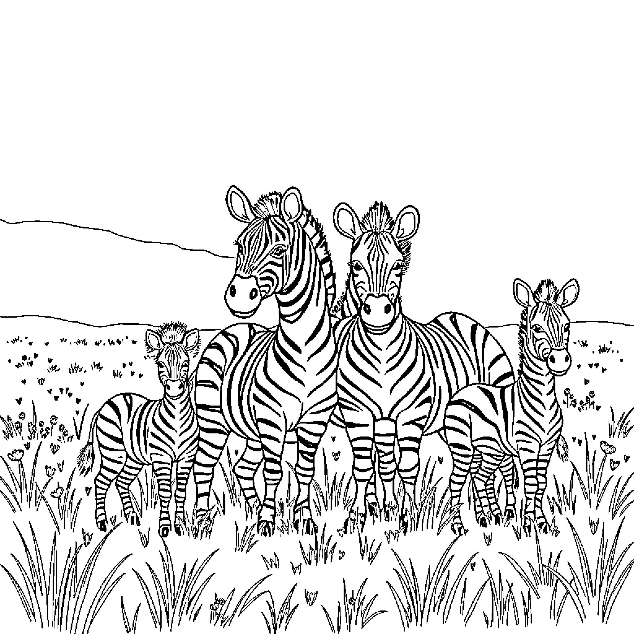 Zebra herd grazing peacefully in the wild Coloring Page (free black-and-white line drawing printable PDF for all, from beginners to advanced learners, including children, teens, adults, and seniors)